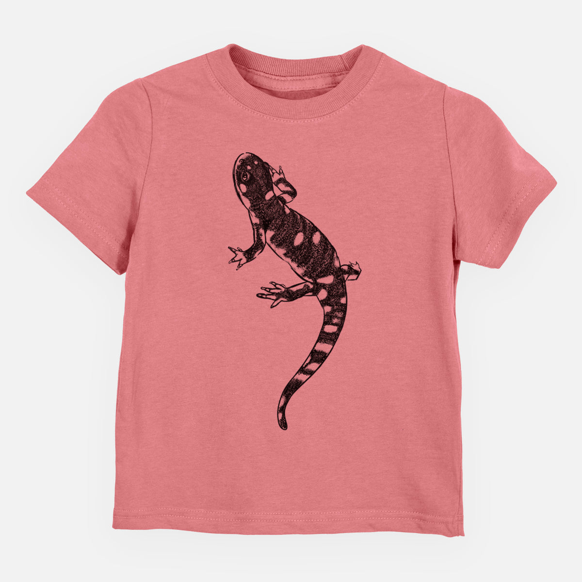 Mauve pink toddler t-shirt laid flat, printed with a detailed black ink illustration of a spotted California tiger salamander.