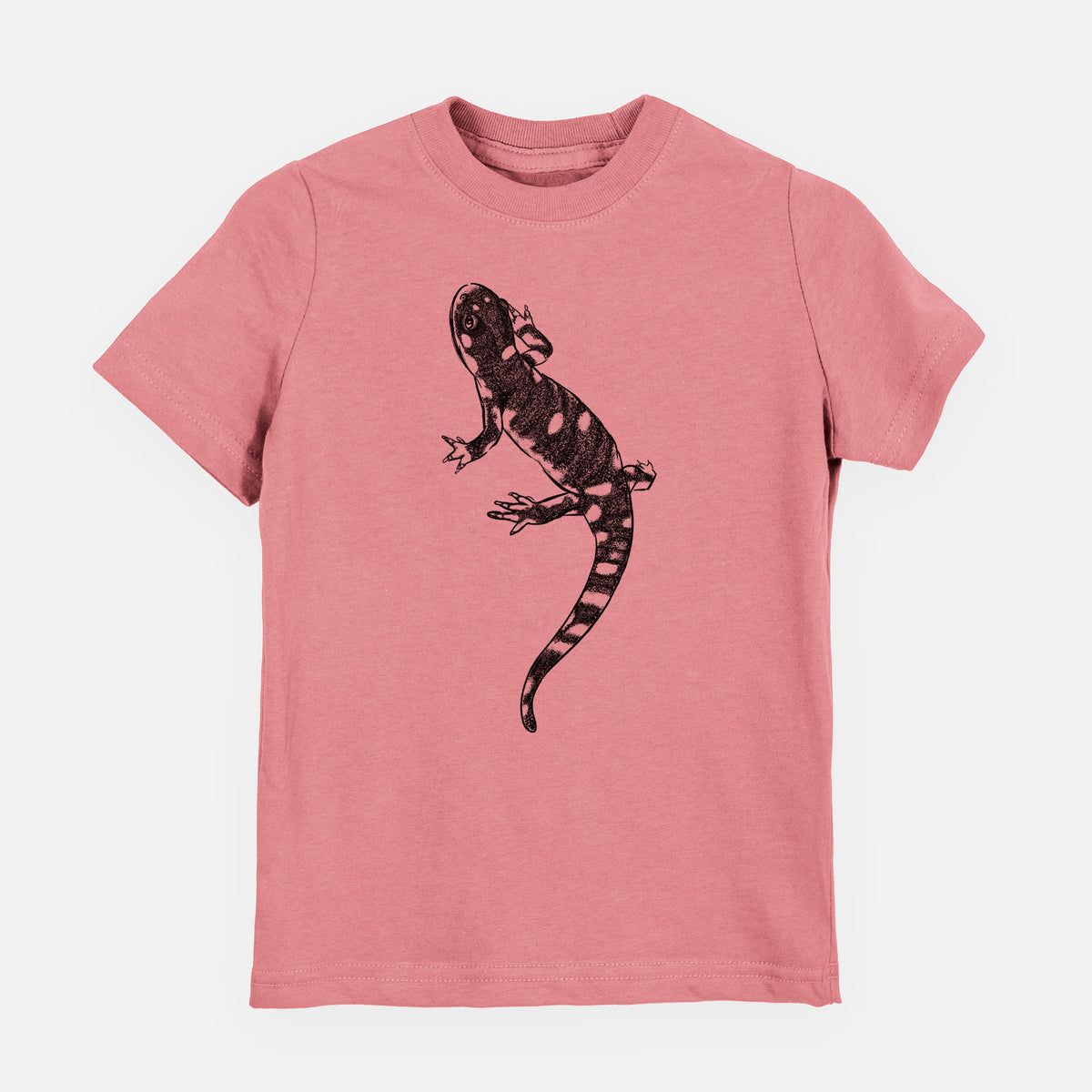 Mauve pink youth t-shirt laid flat, printed with a detailed black ink illustration of a spotted California tiger salamander.