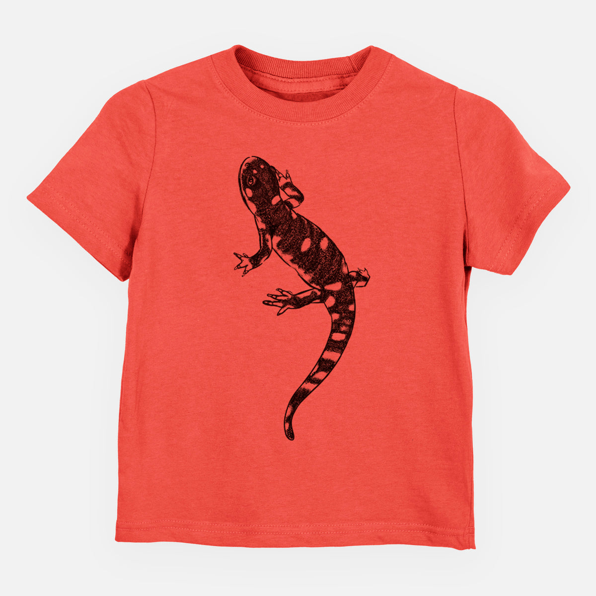 Passionfruit pink toddler t-shirt laid flat, printed with a detailed black ink illustration of a spotted California tiger salamander.