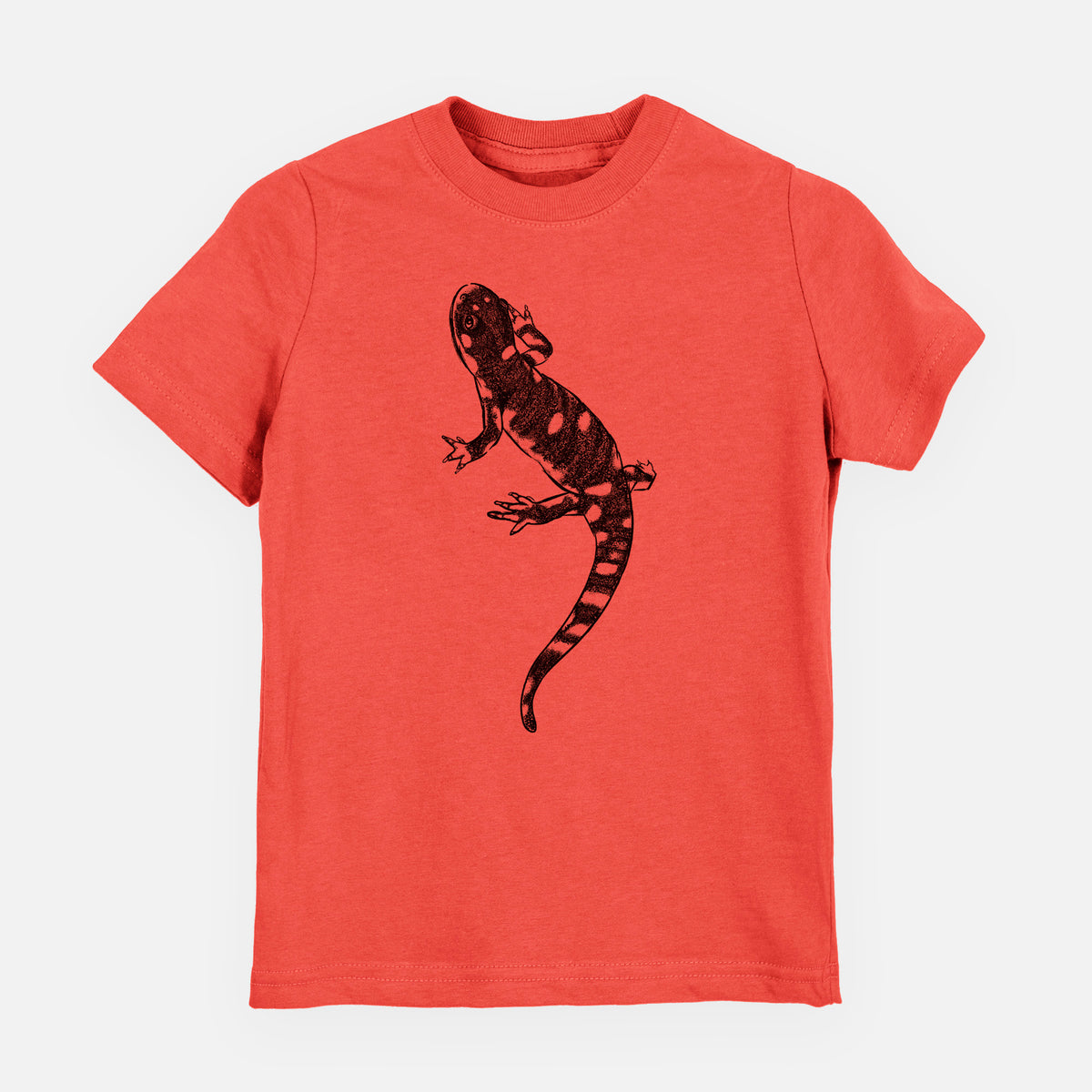 Passionfruit pink youth t-shirt laid flat, printed with a detailed black ink illustration of a spotted California tiger salamander.