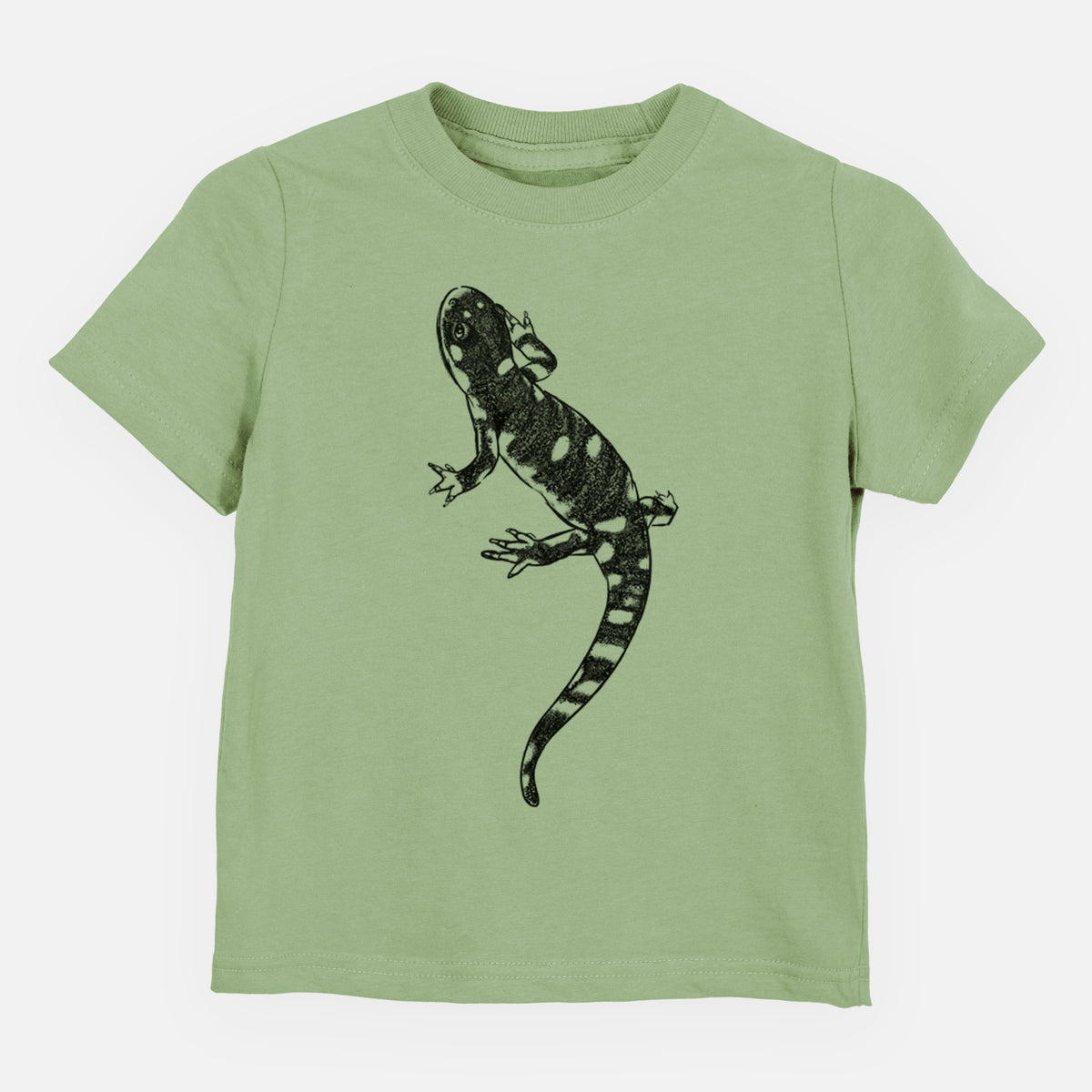 Sage green toddler t-shirt laid flat, printed with a detailed black ink illustration of a spotted California tiger salamander.