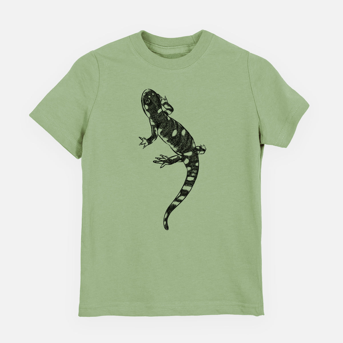 Sage green youth t-shirt laid flat, printed with a detailed black ink illustration of a spotted California tiger salamander.
