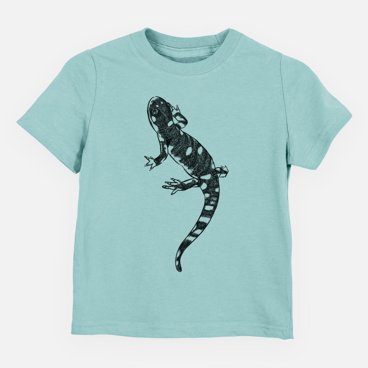 Saltwater toddler t-shirt laid flat, printed with a detailed black ink illustration of a spotted California tiger salamander.