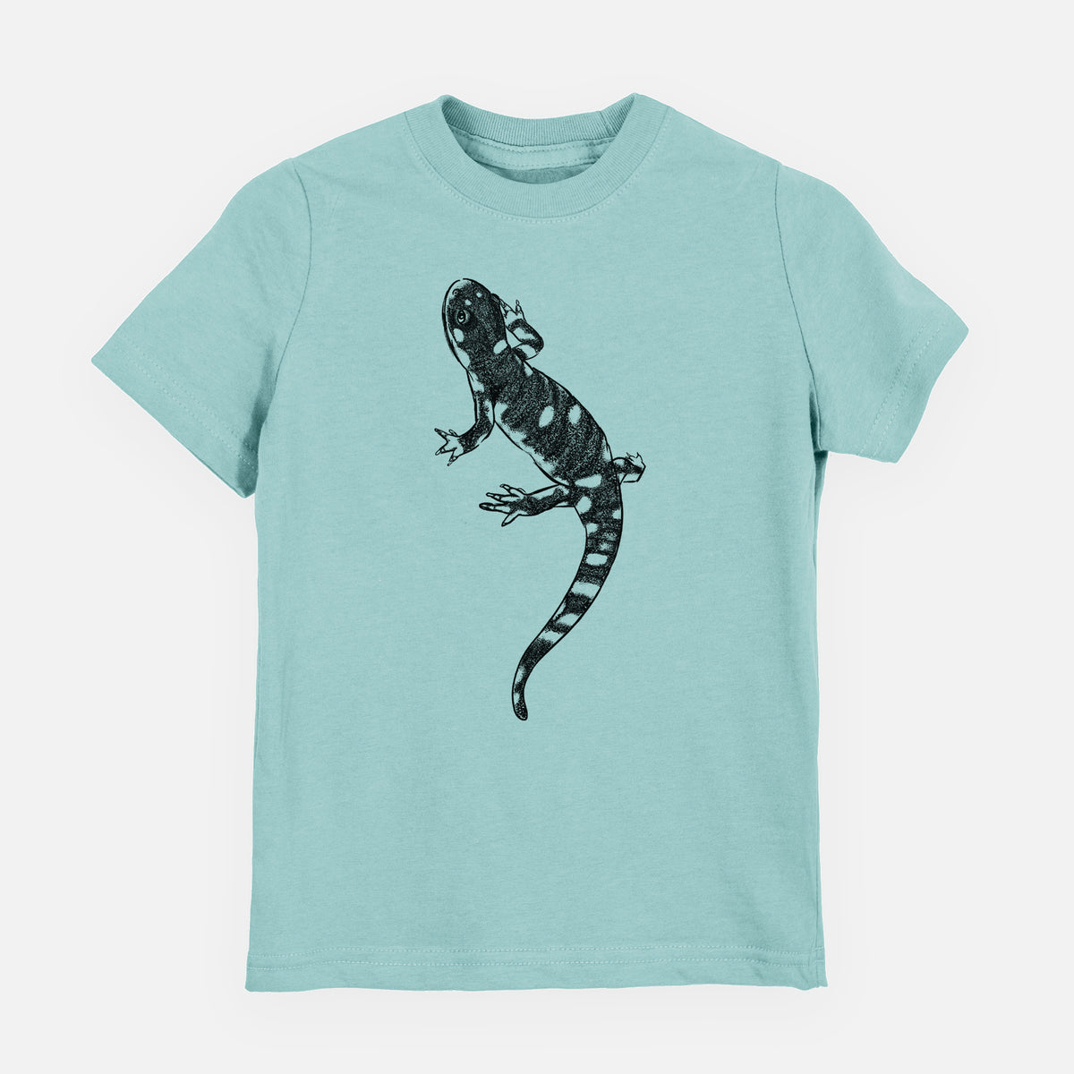 Saltwater youth t-shirt laid flat, printed with a detailed black ink illustration of a spotted California tiger salamander.
