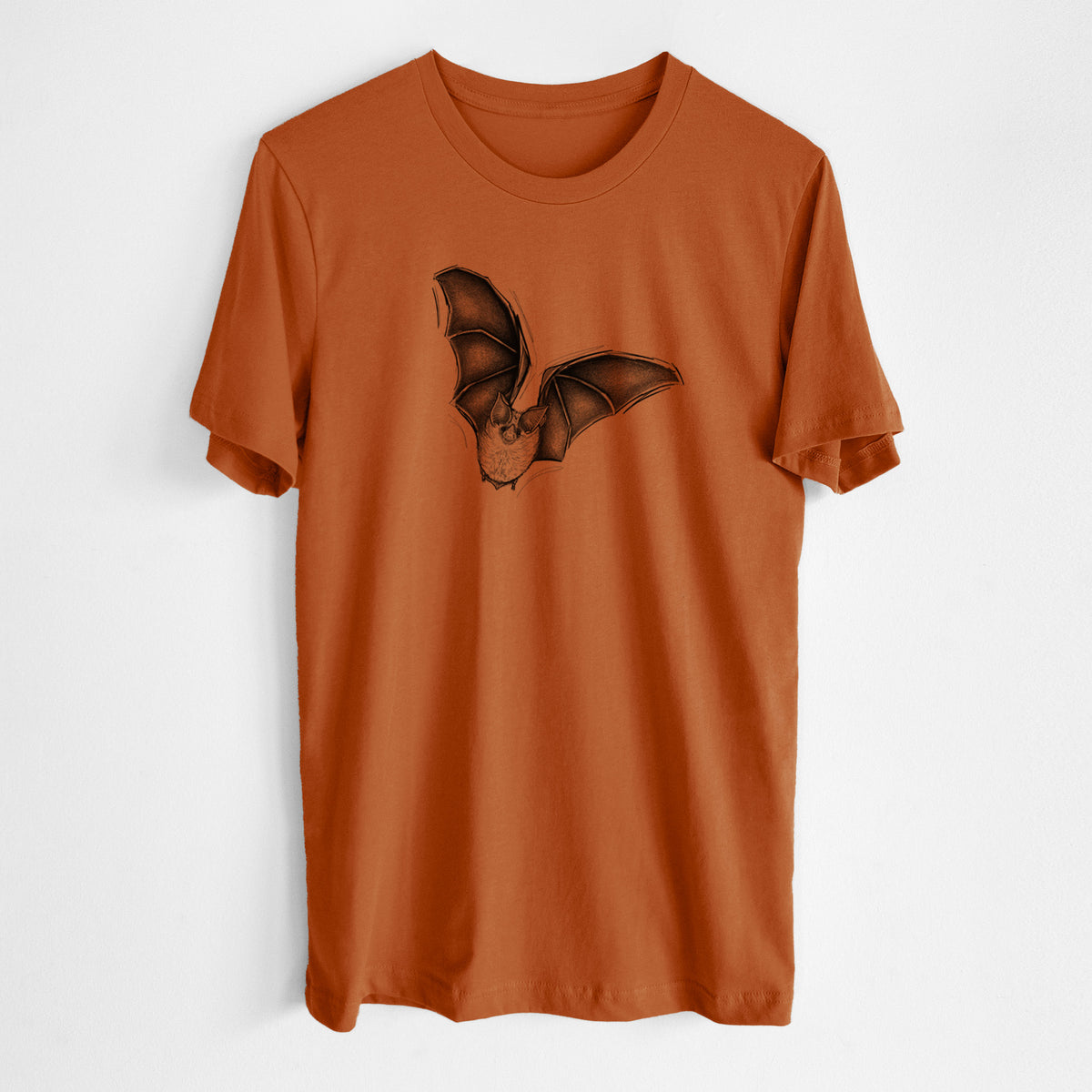 Autumn lightweight cotton t-shirt laid flat, printed with a detailed black ink illustration of a California leaf-nosed bat in flight.