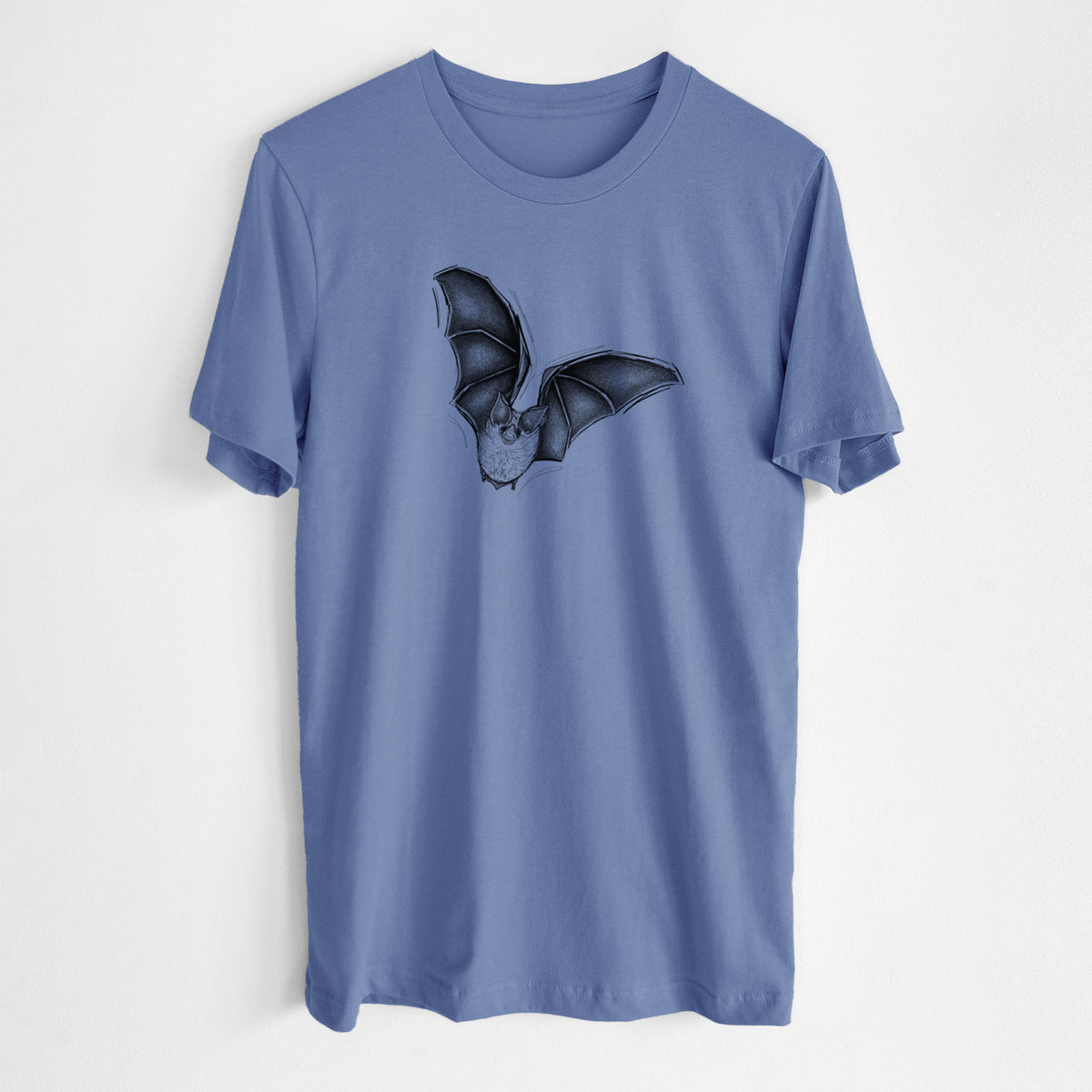 Blue bell lightweight cotton t-shirt laid flat, printed with a detailed black ink illustration of a California leaf-nosed bat in flight.