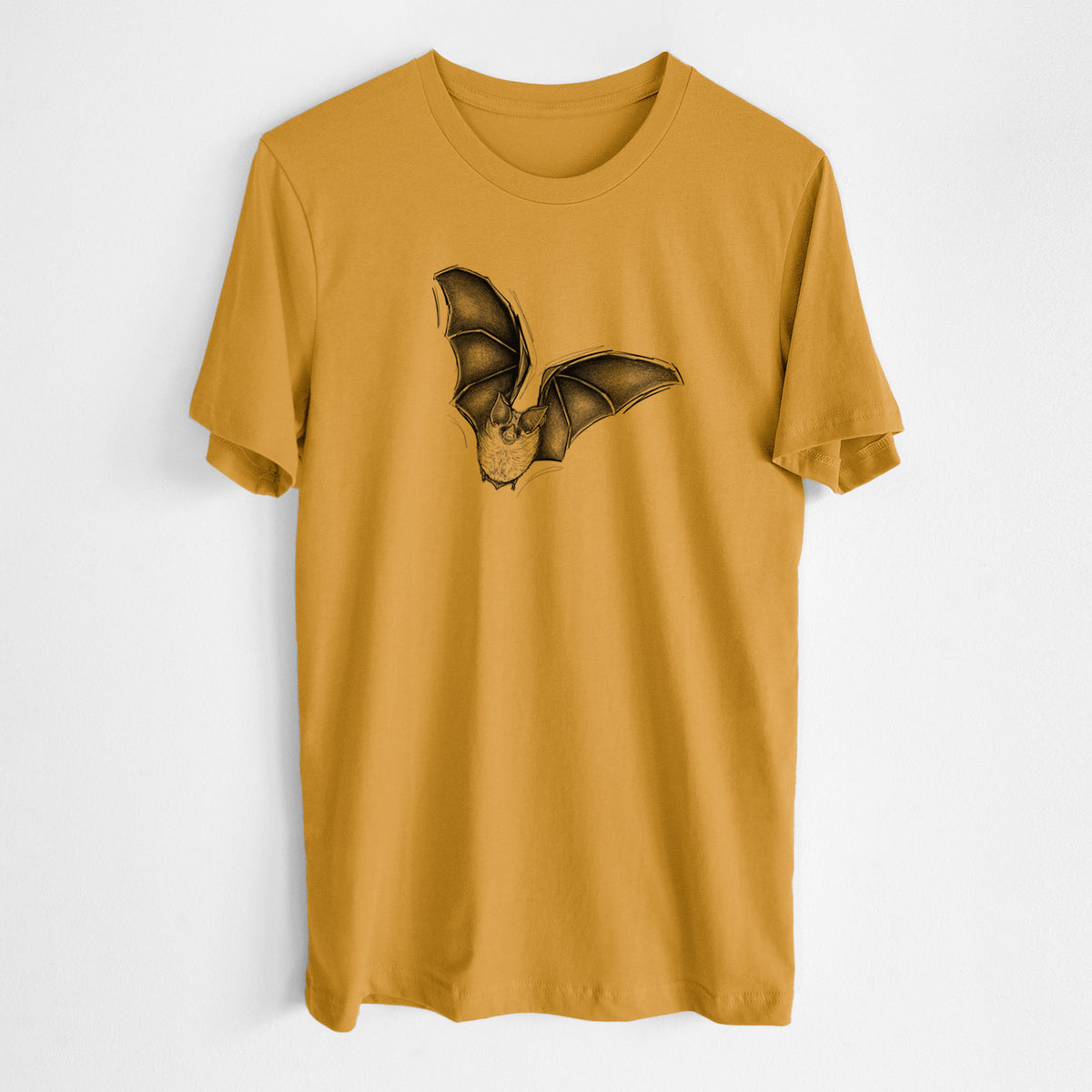 Honeycomb yellow lightweight cotton t-shirt laid flat, printed with a detailed black ink illustration of a California leaf-nosed bat in flight.