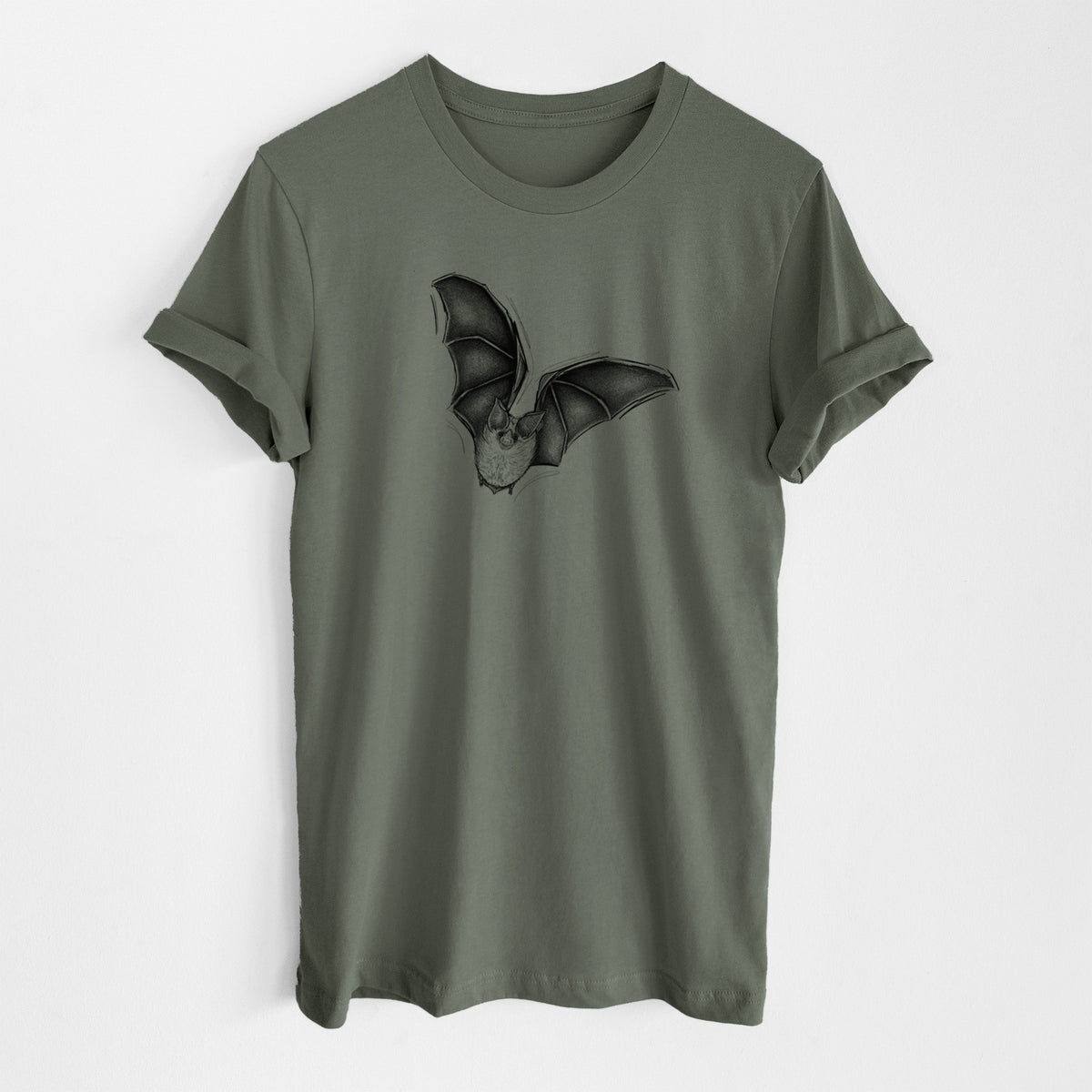 Military green lightweight cotton t-shirt laid flat, printed with a detailed black ink illustration of a California leaf-nosed bat in flight.