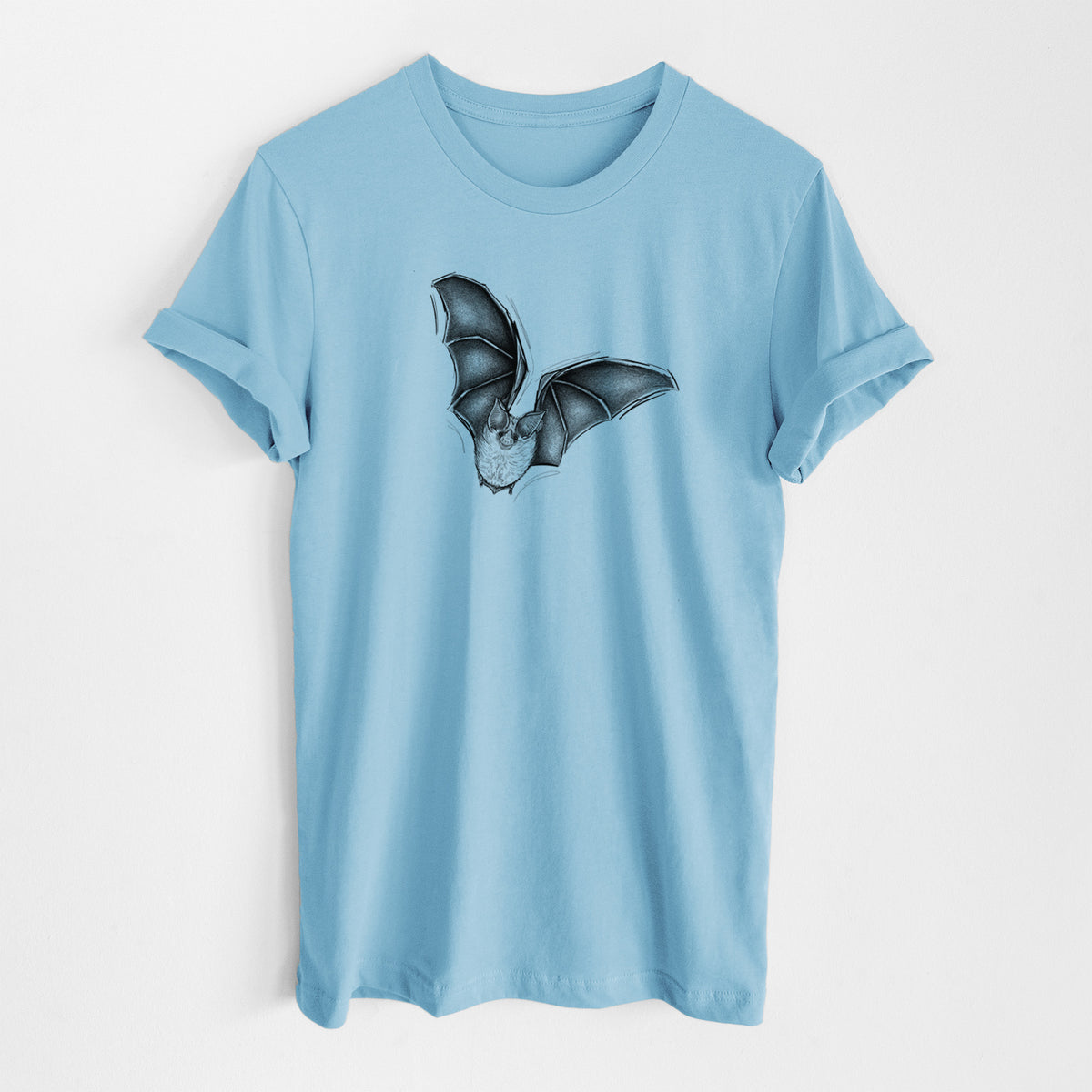 Ocean blue lightweight cotton t-shirt laid flat, printed with a detailed black ink illustration of a California leaf-nosed bat in flight.
