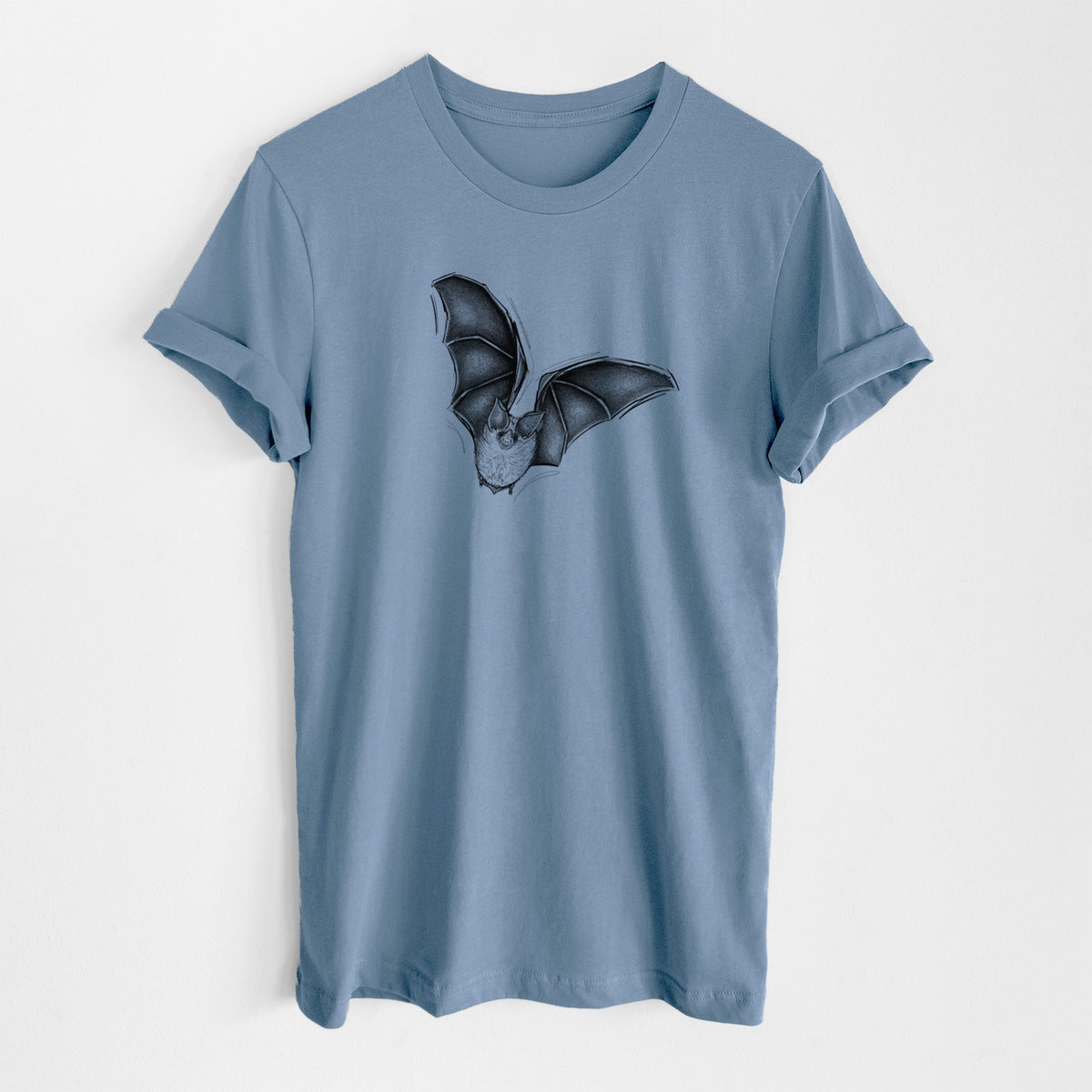 Steel blue lightweight cotton t-shirt laid flat, printed with a detailed black ink illustration of a California leaf-nosed bat in flight.