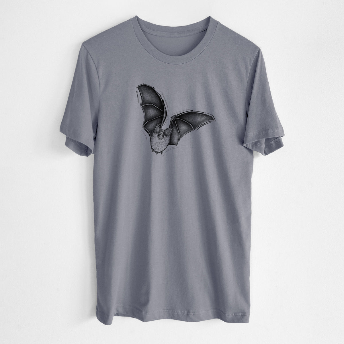 Storm grey lightweight cotton t-shirt laid flat, printed with a detailed black ink illustration of a California leaf-nosed bat in flight.