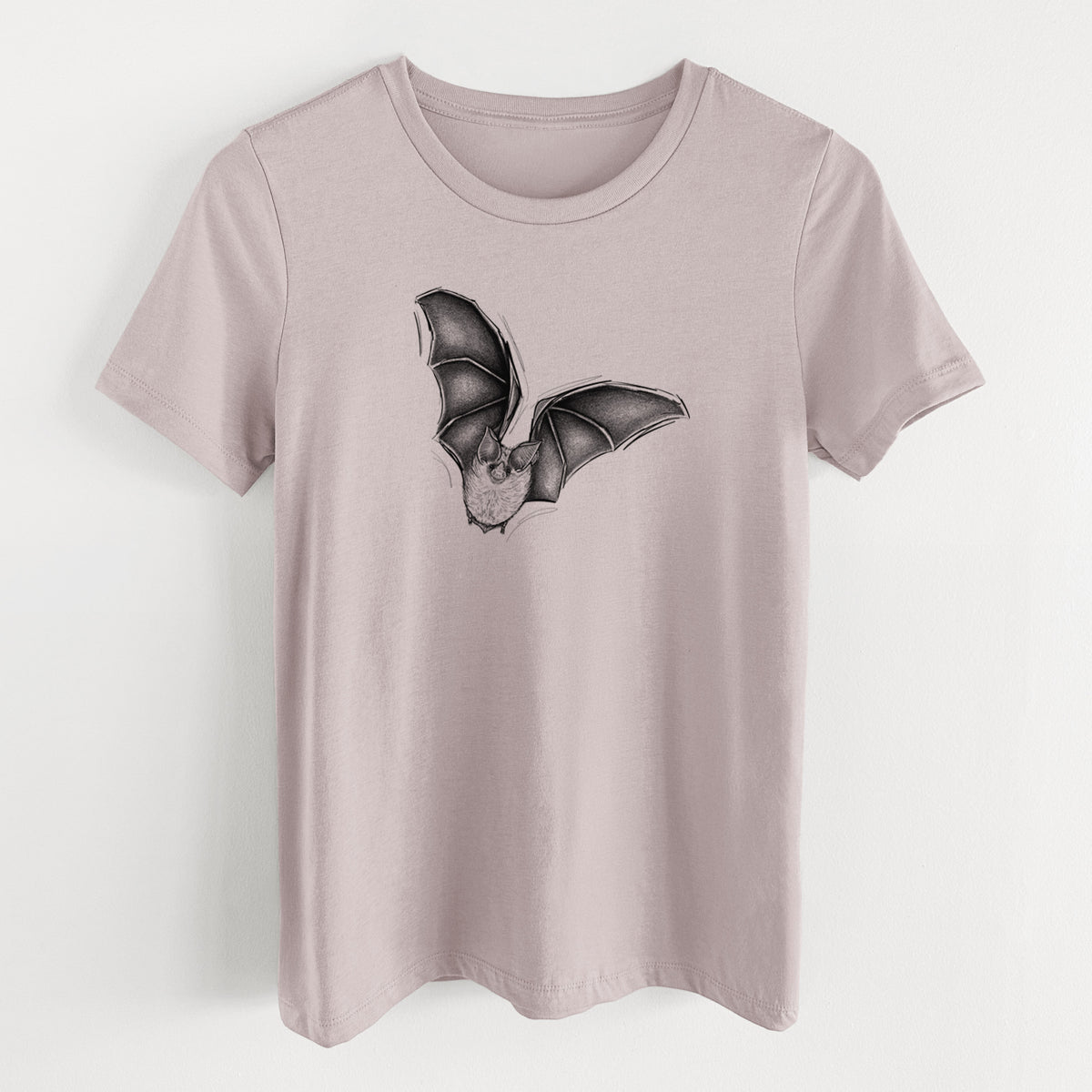 Pink gravel women's relaxed fit cotton t-shirt laid flat, printed with a detailed black ink illustration of a California leaf-nosed bat in flight.