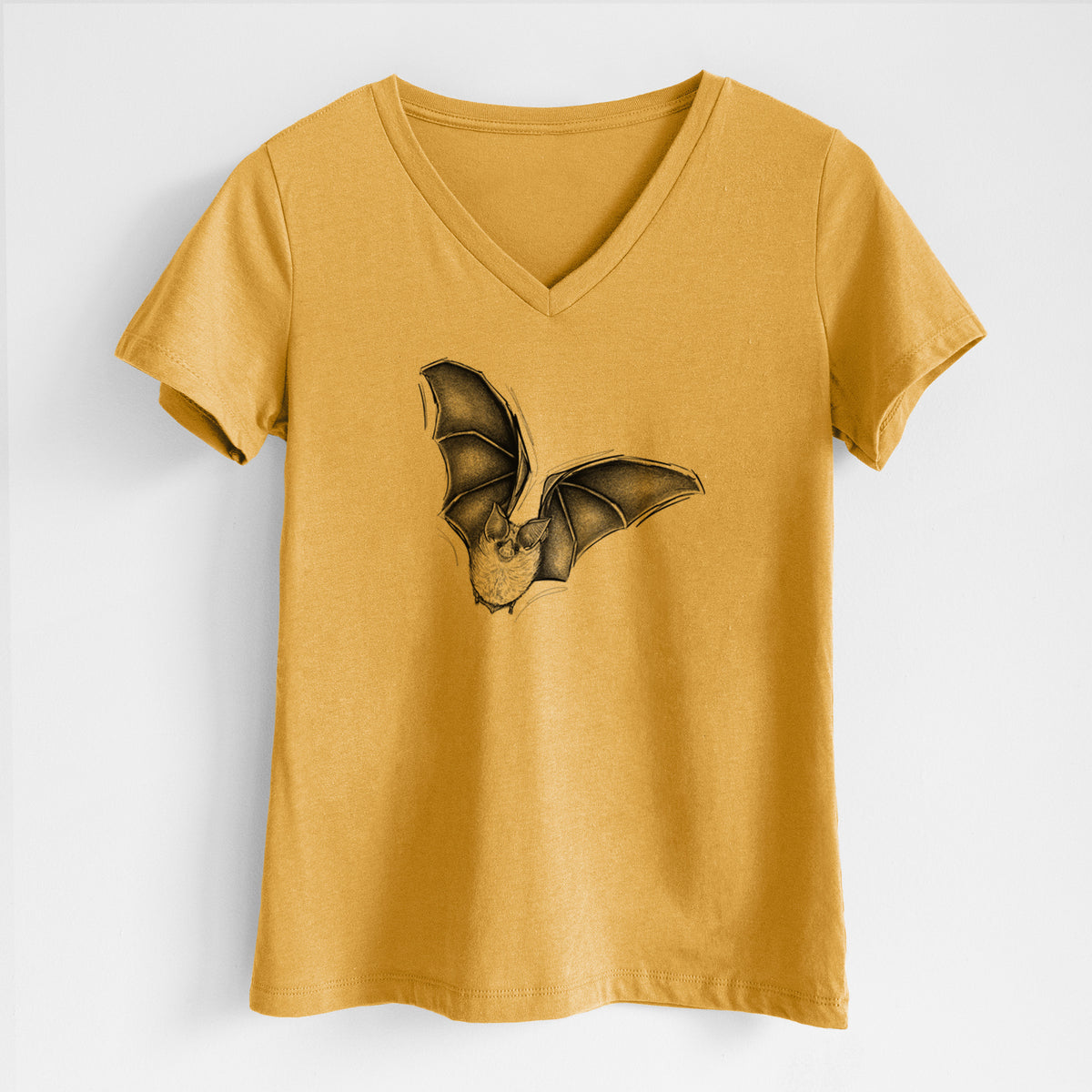 Honeycomb yellow women's relaxed fit cotton V-neck t-shirt laid flat, printed with a detailed black ink illustration of a California leaf-nosed bat in flight.