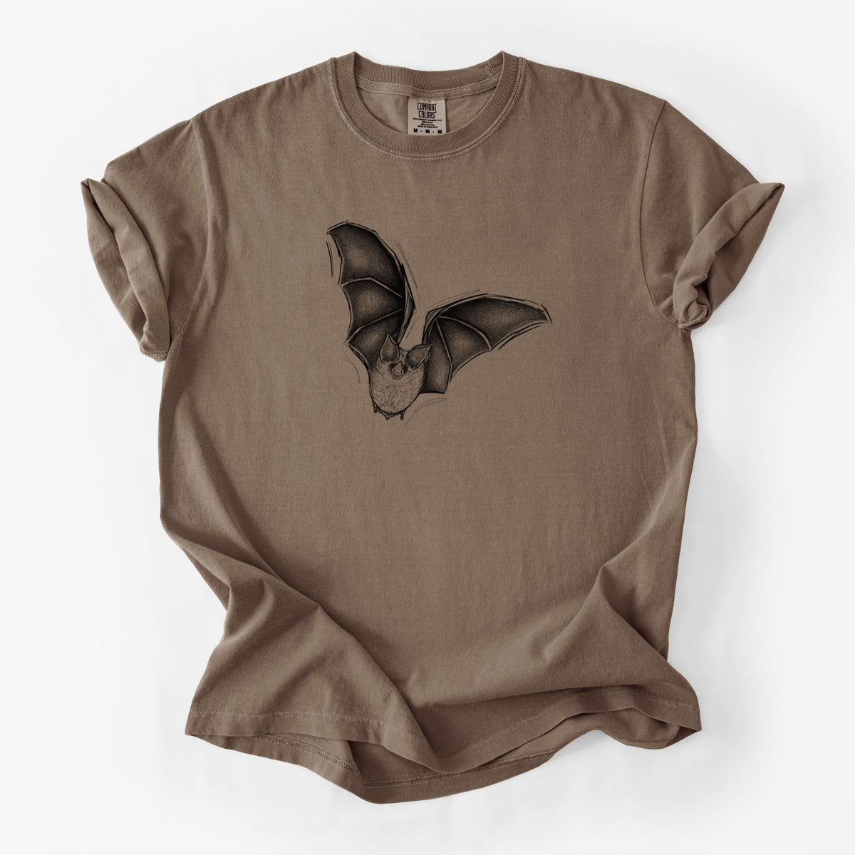 Espresso brown Comfort Colors t-shirt laid flat, printed with a detailed black ink illustration of a California leaf-nosed bat in flight.