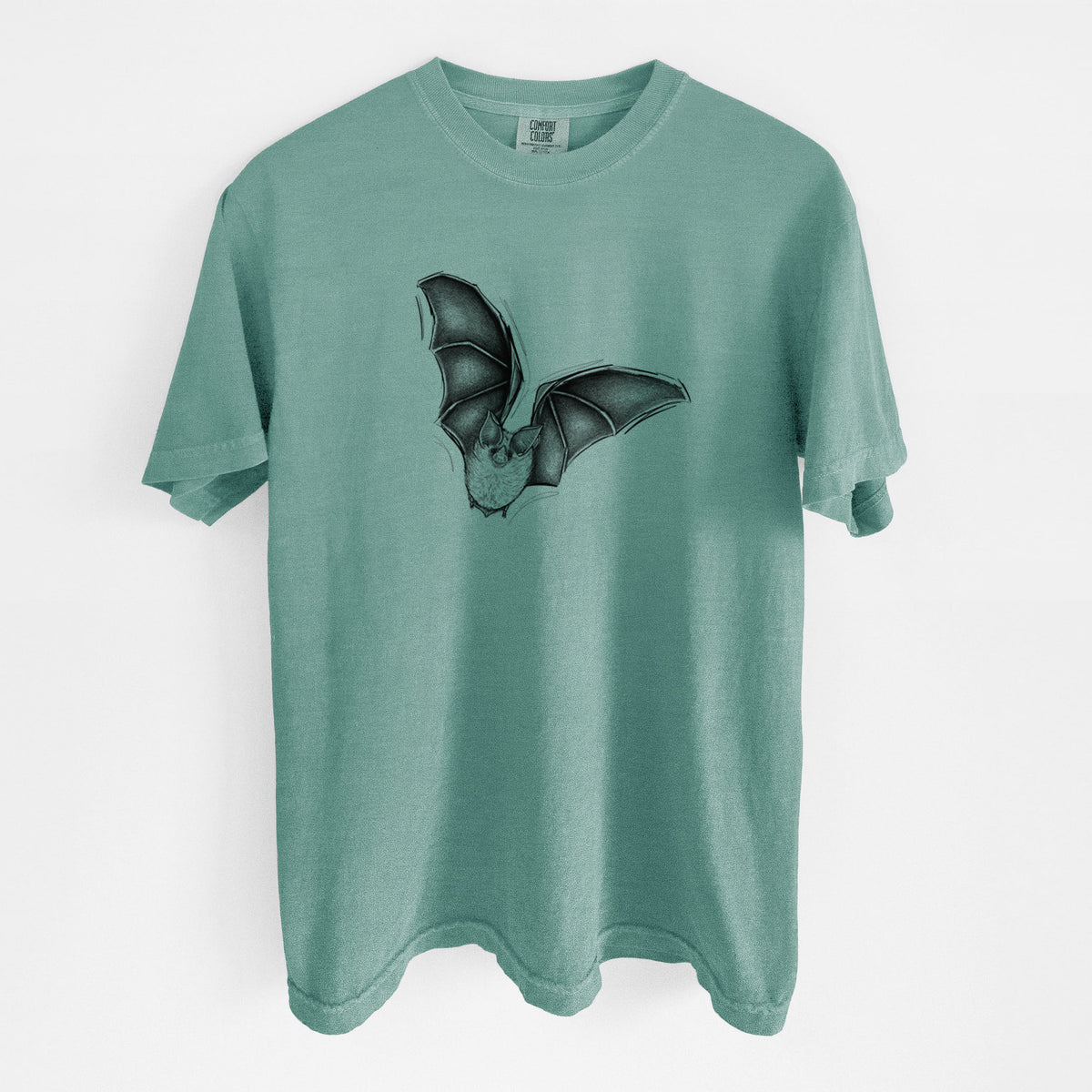 Reef green Comfort Colors t-shirt laid flat, printed with a detailed black ink illustration of a California leaf-nosed bat in flight.
