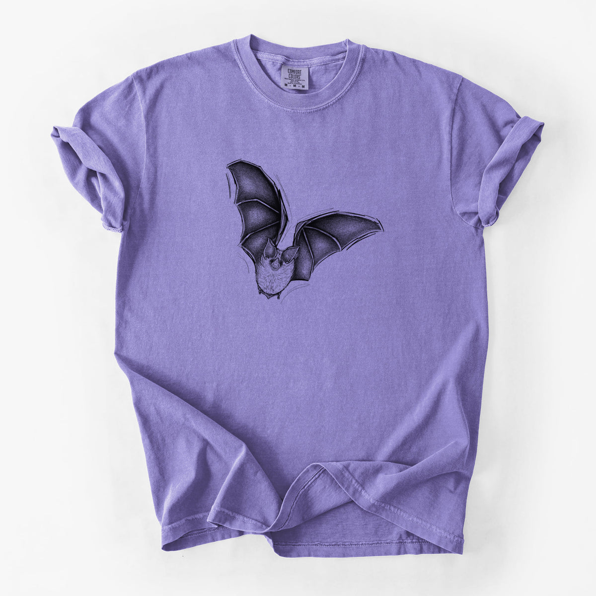 Violet purple Comfort Colors t-shirt laid flat, printed with a detailed black ink illustration of a California leaf-nosed bat in flight.
