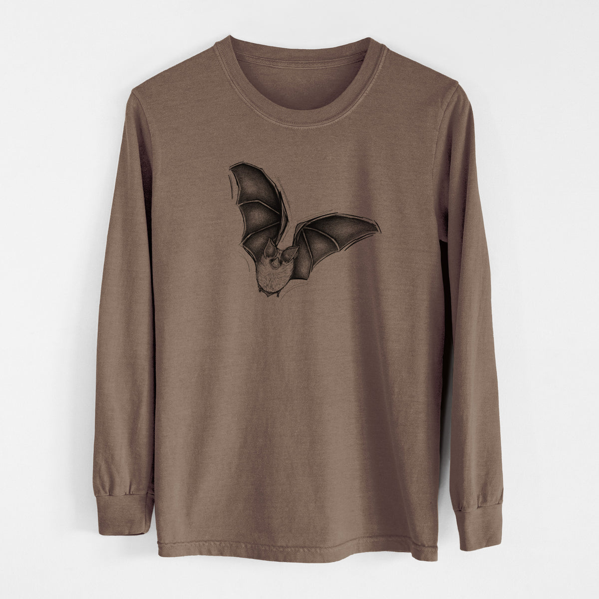 Espresso brown Comfort Colors long sleeve shirt laid flat, printed with a detailed black ink illustration of a California leaf-nosed bat in flight.
