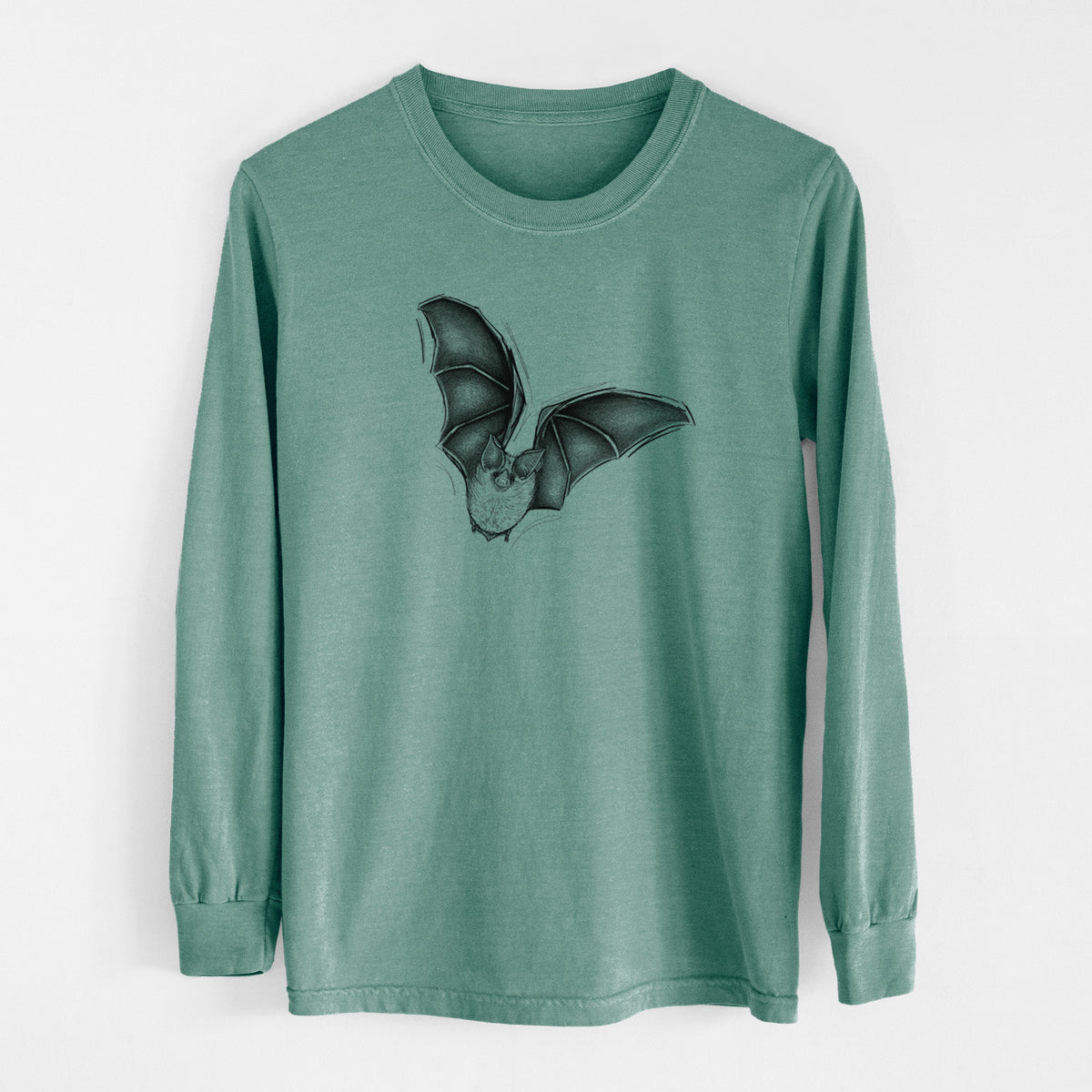 Pine green Comfort Colors long sleeve shirt laid flat, printed with a detailed black ink illustration of a California leaf-nosed bat in flight.