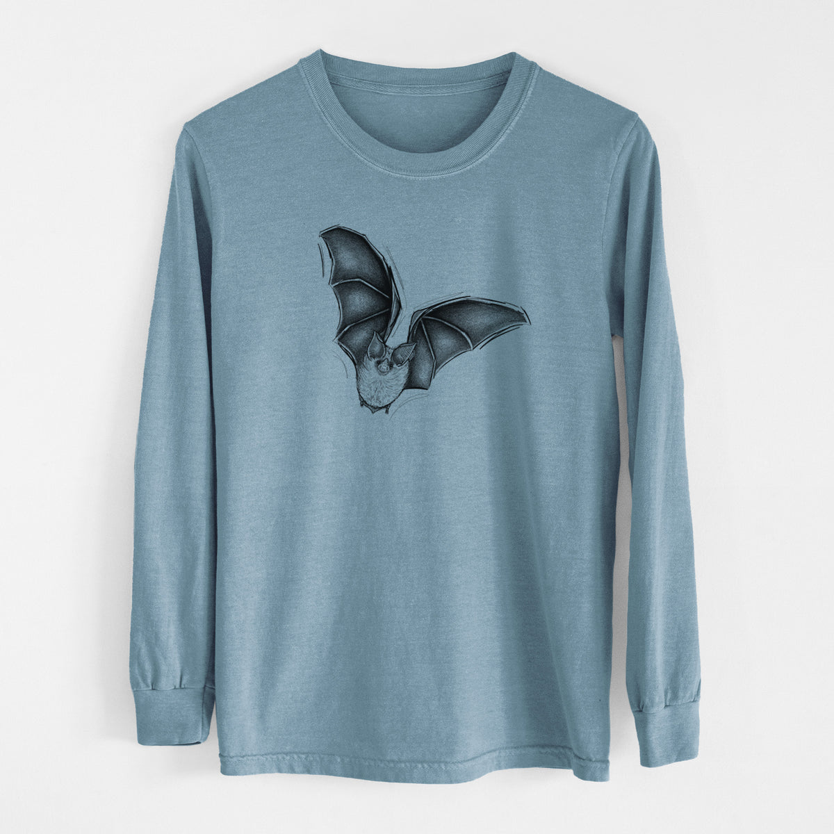 Steel blue Comfort Colors long sleeve shirt laid flat, printed with a detailed black ink illustration of a California leaf-nosed bat in flight.