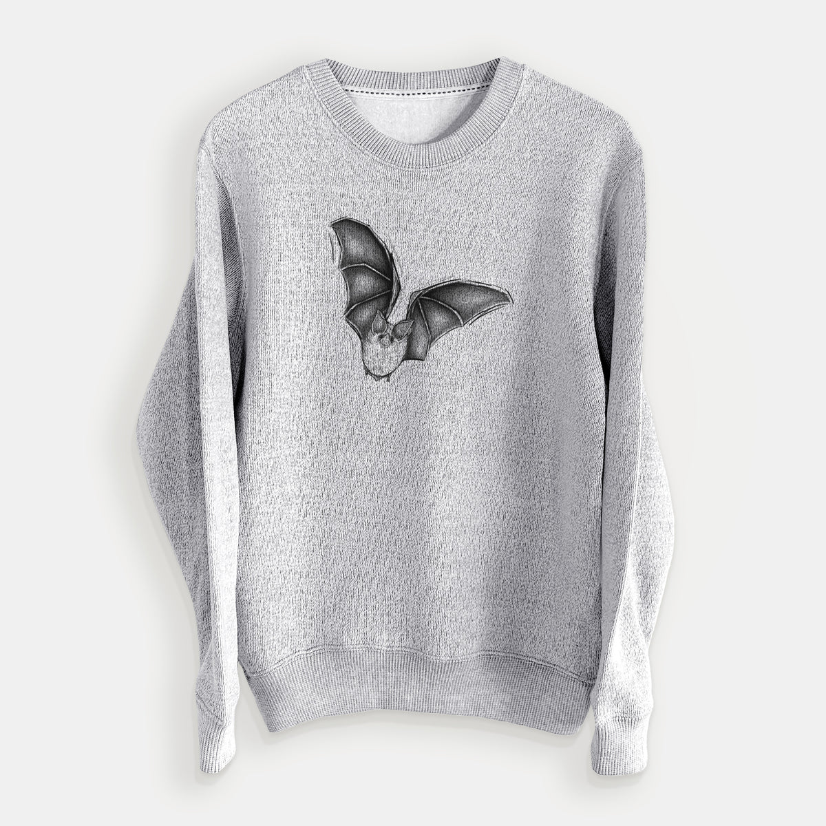 Salt and pepper knit sweatshirt laid flat, printed with a detailed black ink illustration of a California leaf-nosed bat in flight.