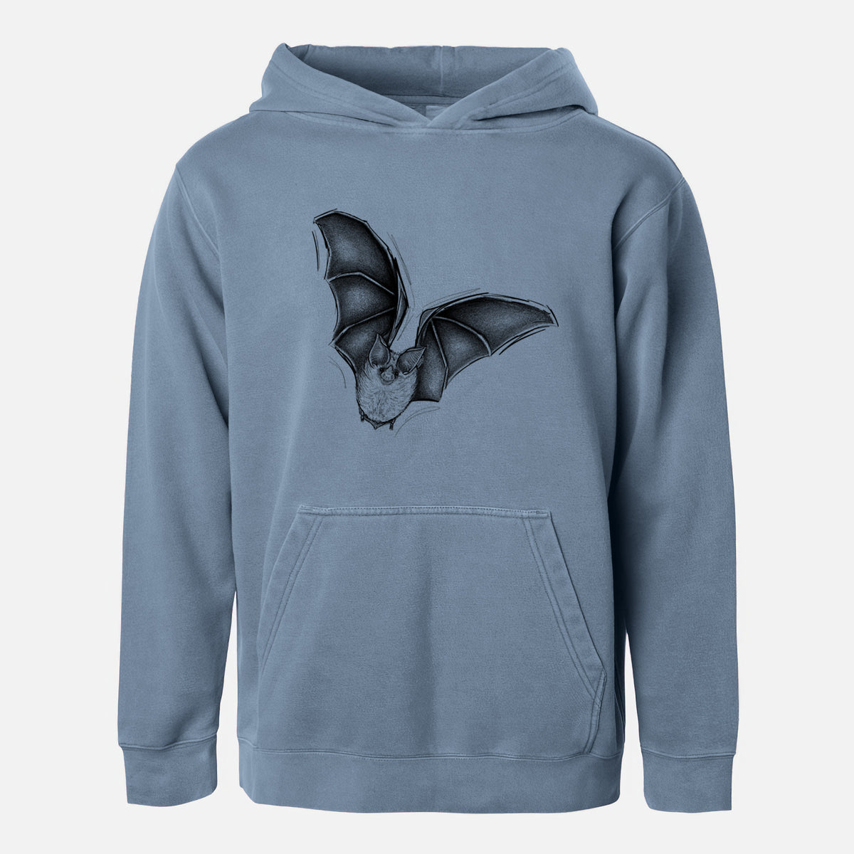 Slate blue youth pigment dyed hoodie laid flat, printed with a detailed black ink illustration of a California leaf-nosed bat in flight.