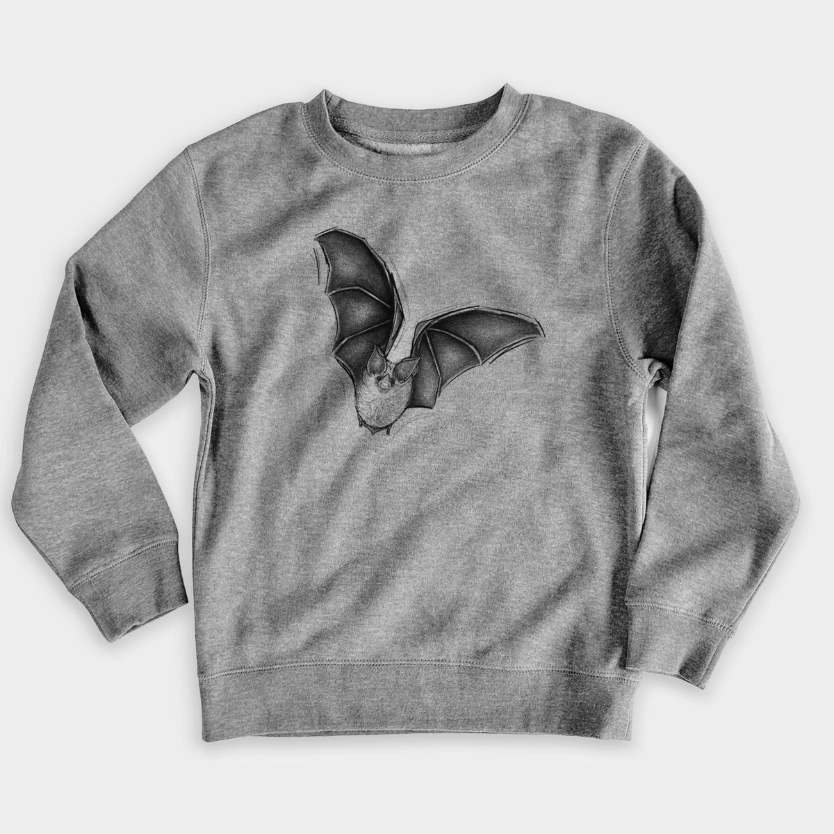 Nickel grey youth crewneck sweatshirt laid flat, printed with a detailed black ink illustration of a California leaf-nosed bat in flight.