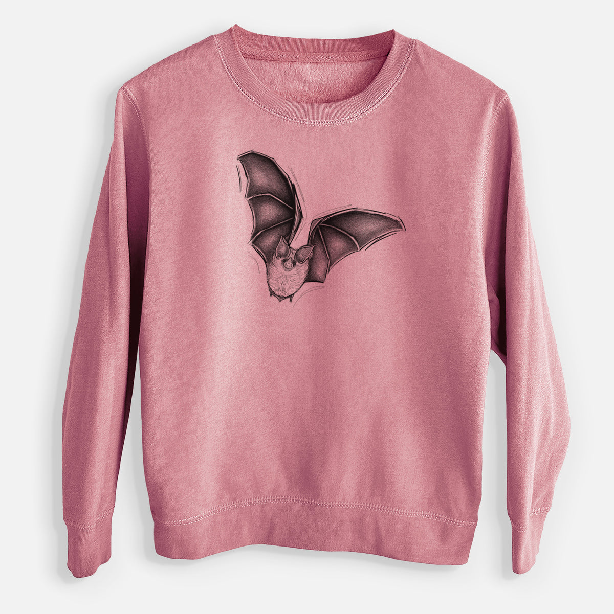 Mauve pink youth crewneck sweatshirt laid flat, printed with a detailed black ink illustration of a California leaf-nosed bat in flight.