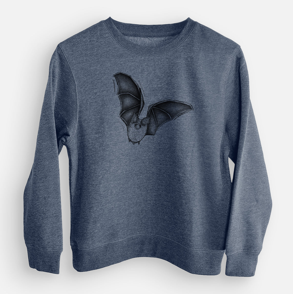 Storm blue youth crewneck sweatshirt laid flat, printed with a detailed black ink illustration of a California leaf-nosed bat in flight.