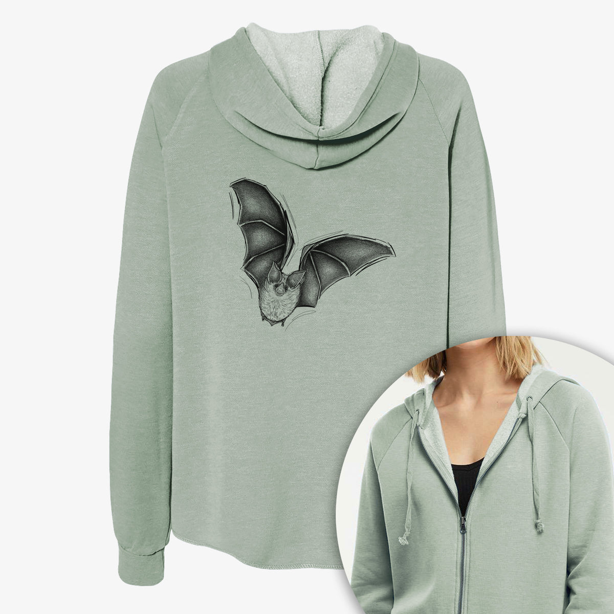 Women's Cali Wave zip-up sweatshirt printed with a detailed black ink illustration of a California leaf-nosed bat in flight, with a close-up of the zipper.