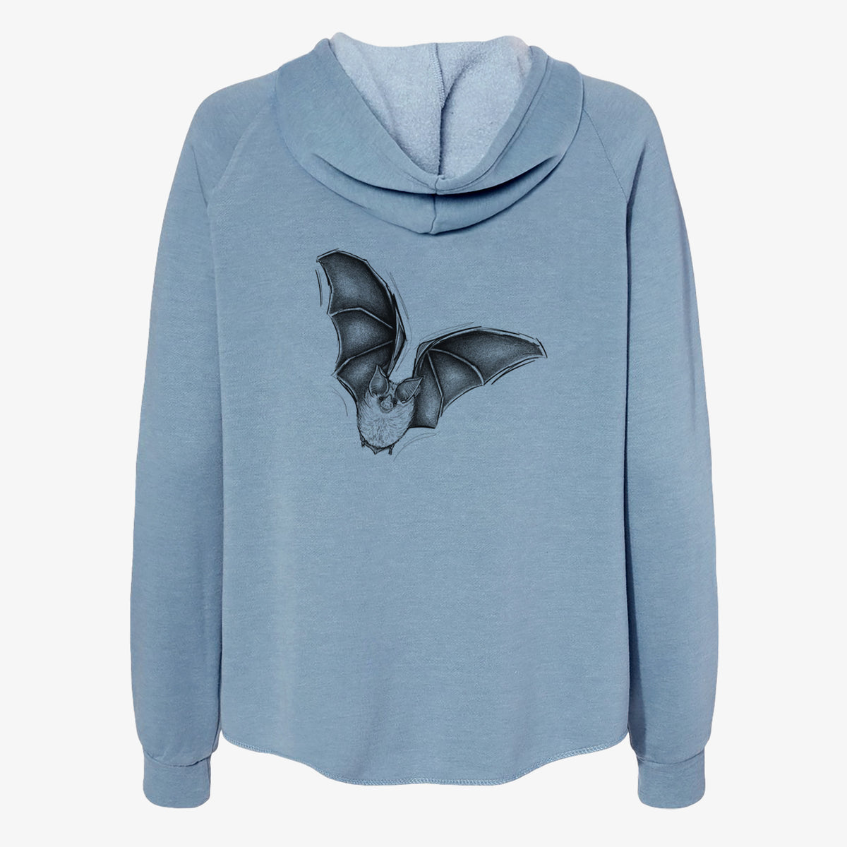 Misty blue women's Cali Wave zip-up sweatshirt laid flat, printed with a detailed black ink illustration of a California leaf-nosed bat in flight.