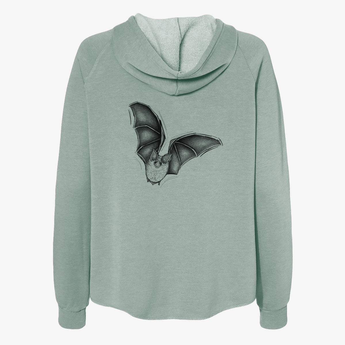 Sage green women's Cali Wave zip-up sweatshirt laid flat, printed with a detailed black ink illustration of a California leaf-nosed bat in flight.