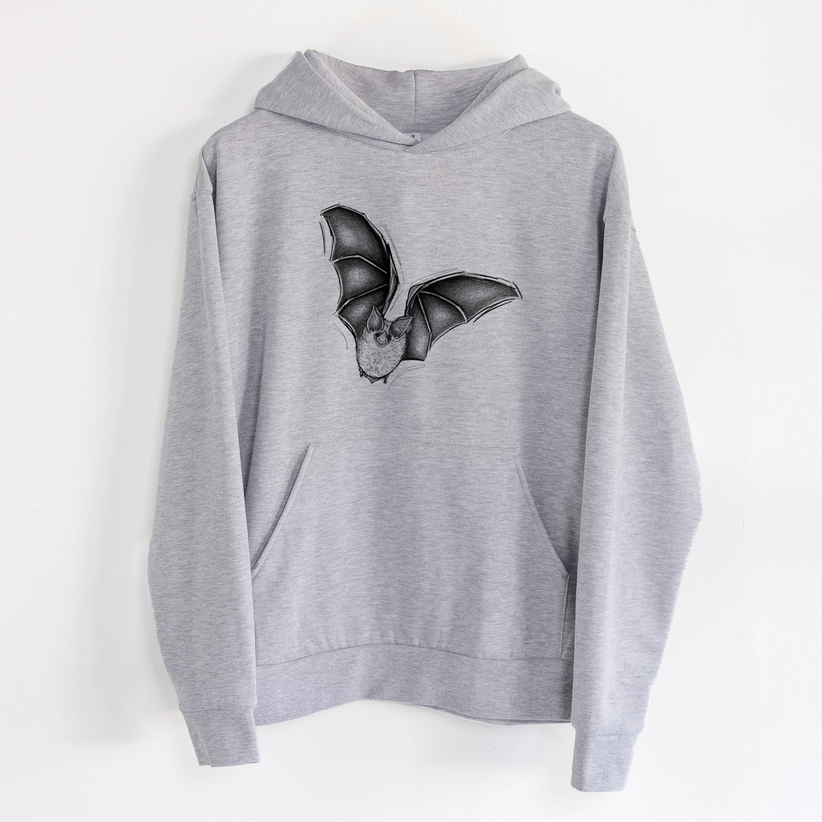 Macrotus californicus - California Leaf-nosed Bat - Statement Midweight Hoodie in Heather Grey, hanging on a white wall, with a front kangaroo pocket and no drawcords.