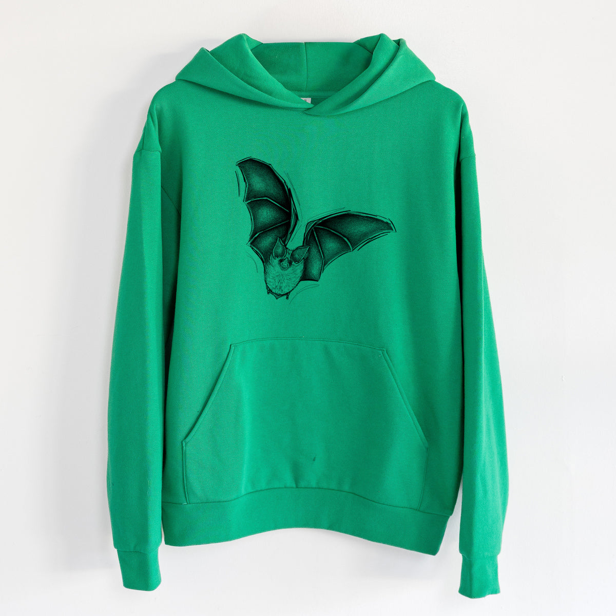 Macrotus californicus - California Leaf-nosed Bat - Statement Midweight Hoodie in Kelly Green, hanging on a white wall, with a front kangaroo pocket and no drawcords.
