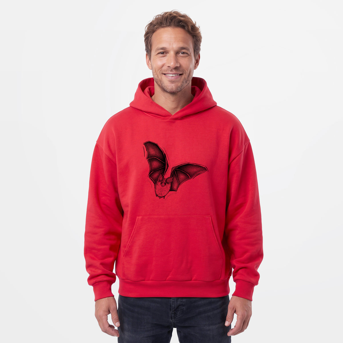 Male model wearing the Macrotus californicus - California Leaf-nosed Bat - Statement Midweight Hoodie.