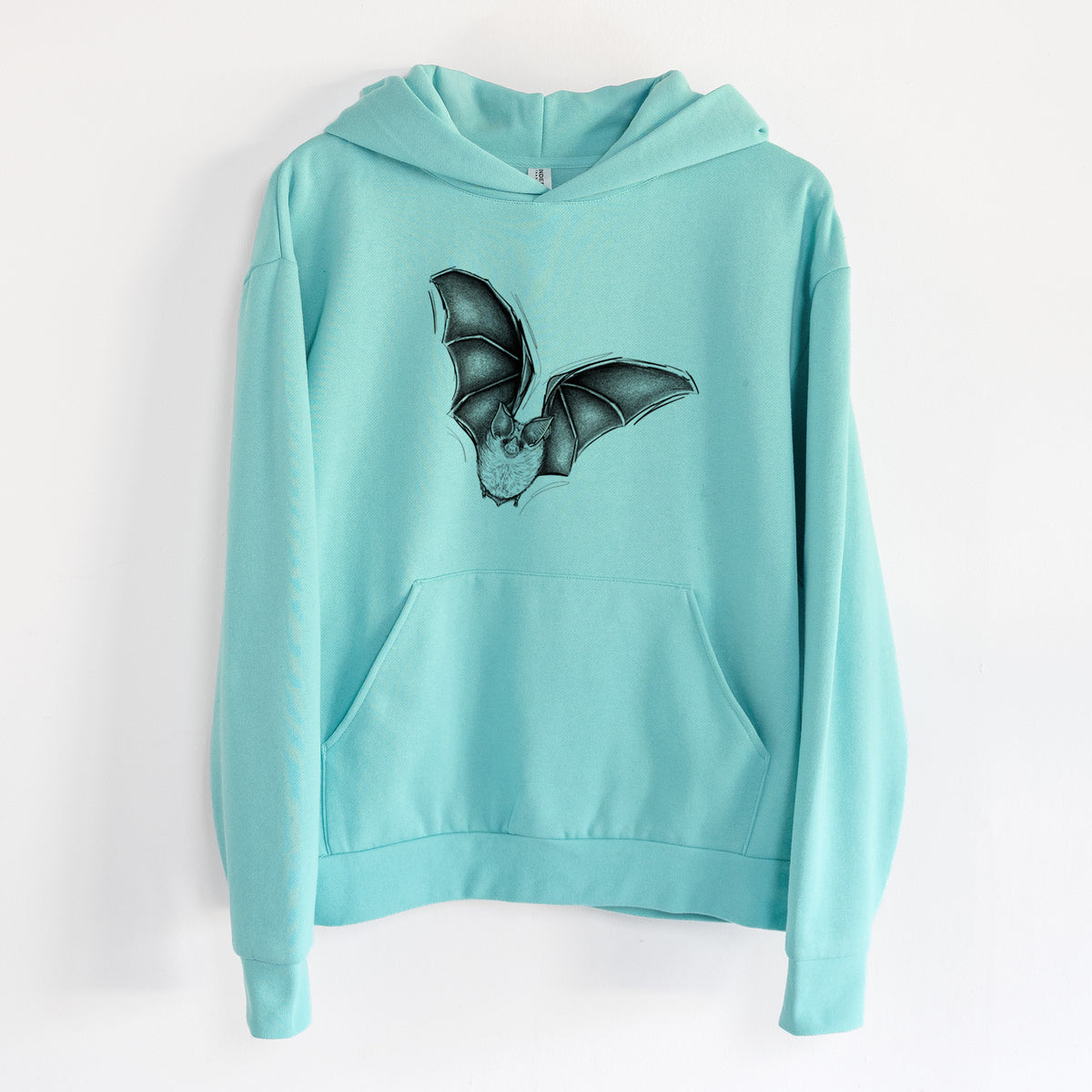 Macrotus californicus - California Leaf-nosed Bat - Statement Midweight Hoodie in Seafoam, hanging on a white wall, with a front kangaroo pocket and no drawcords.