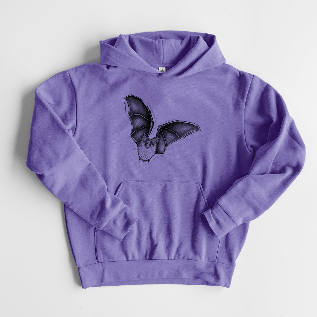 Macrotus californicus - California Leaf-nosed Bat - Statement Midweight Hoodie in Violet, laid flat, showing the oversized boxy fit and front kangaroo pocket.