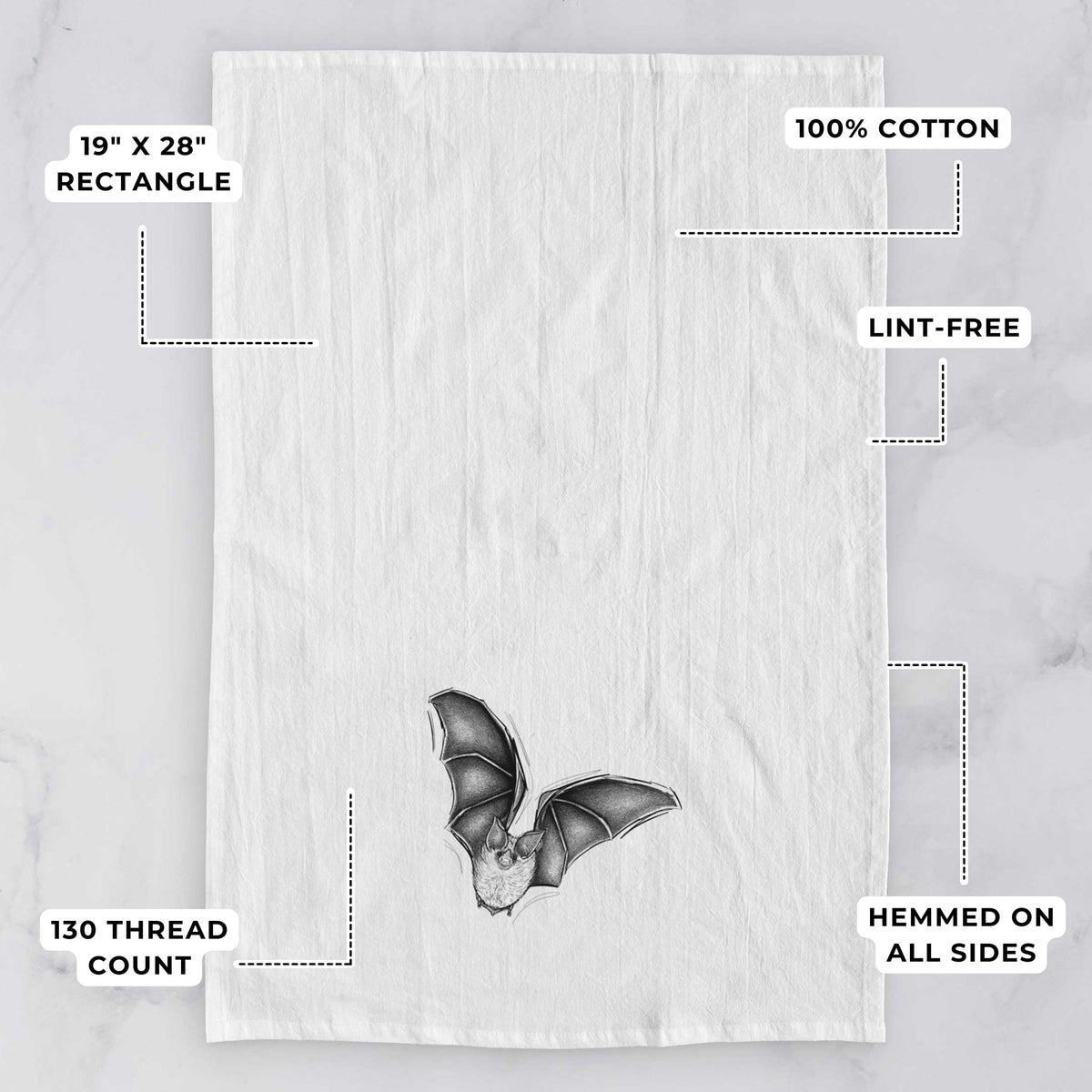 White tea towel printed with a detailed black ink illustration of a California leaf-nosed bat in flight, with feature labels: 19 by 28 inch rectangle, 100% cotton, lint-free, 130 thread count, hemmed on all sides.