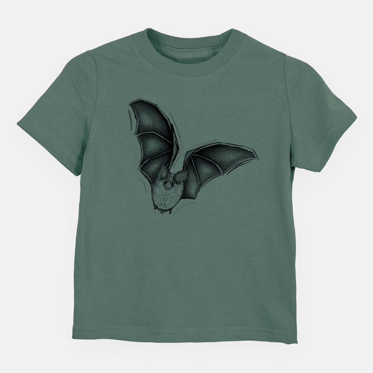 Basil green toddler t-shirt laid flat, printed with a detailed black ink illustration of a California leaf-nosed bat in flight.