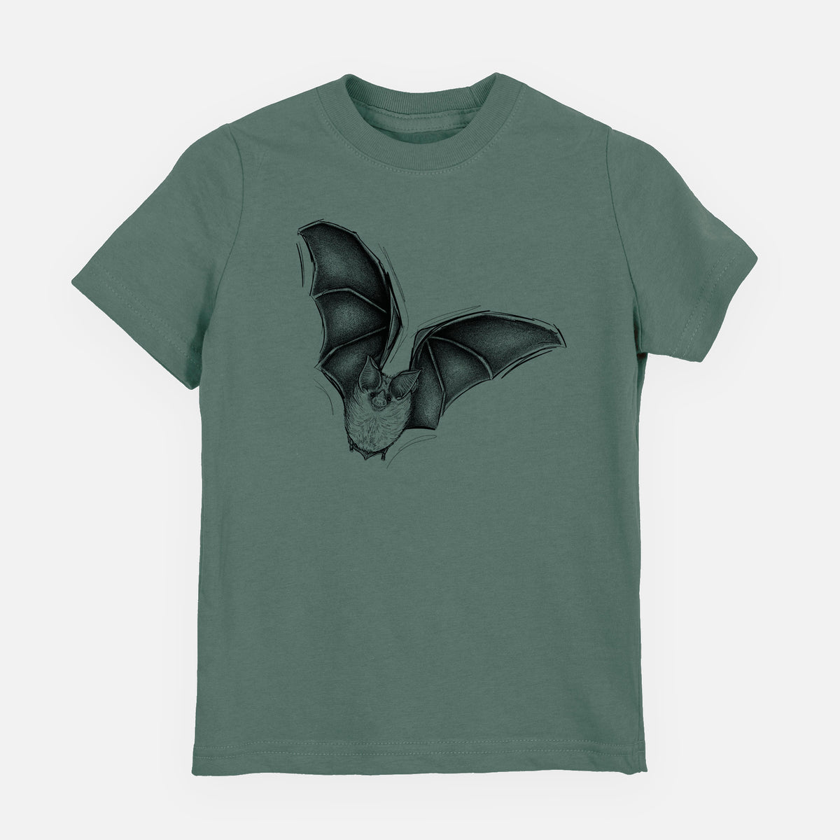 Basil green youth t-shirt laid flat, printed with a detailed black ink illustration of a California leaf-nosed bat in flight.