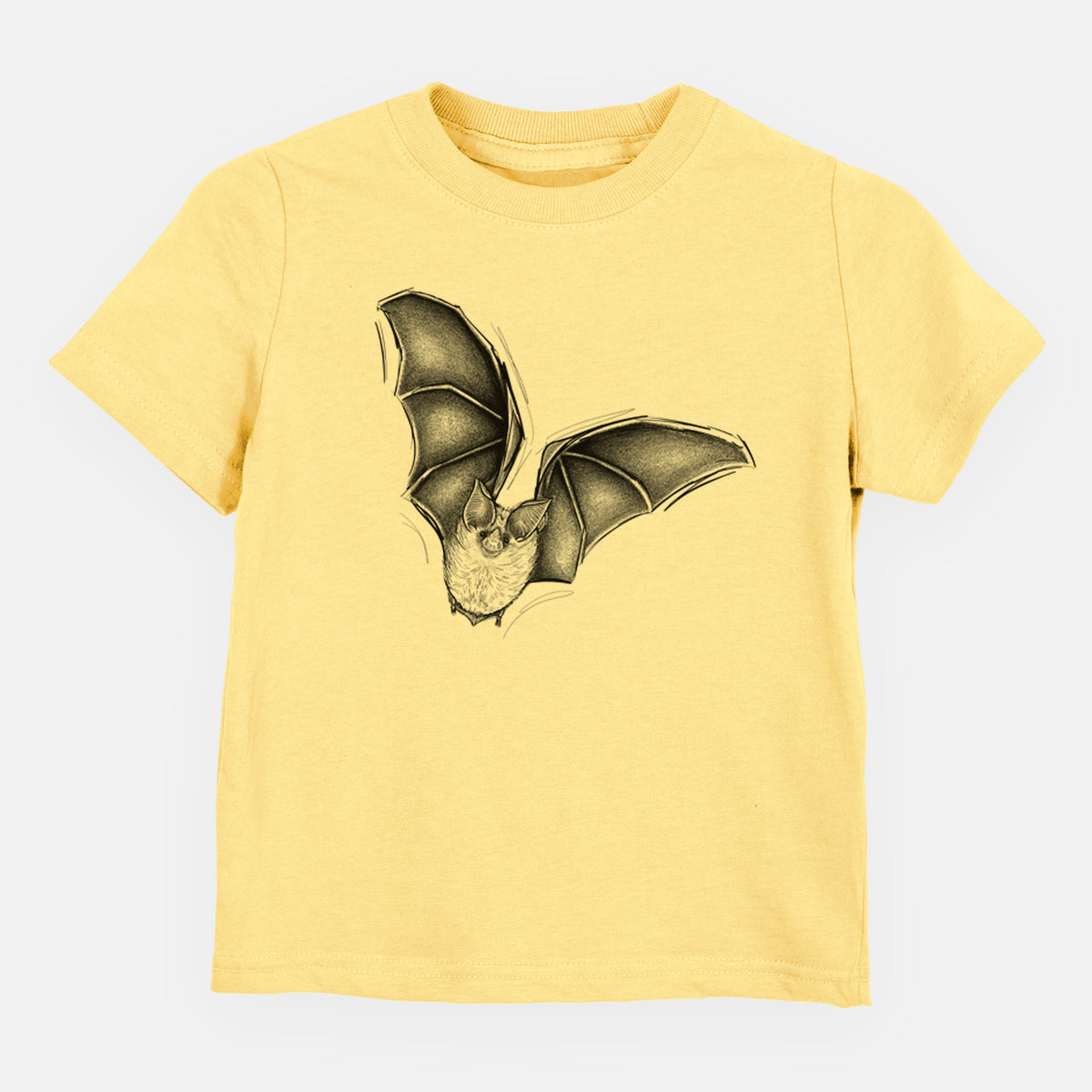 Butter yellow toddler t-shirt laid flat, printed with a detailed black ink illustration of a California leaf-nosed bat in flight.