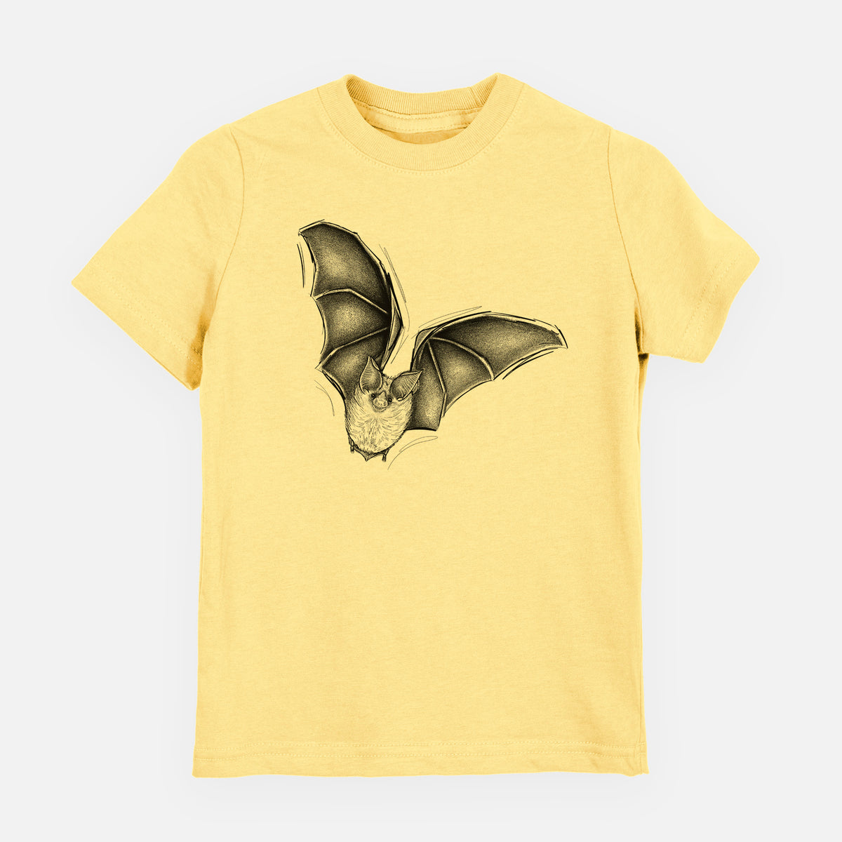 Butter yellow youth t-shirt laid flat, printed with a detailed black ink illustration of a California leaf-nosed bat in flight.