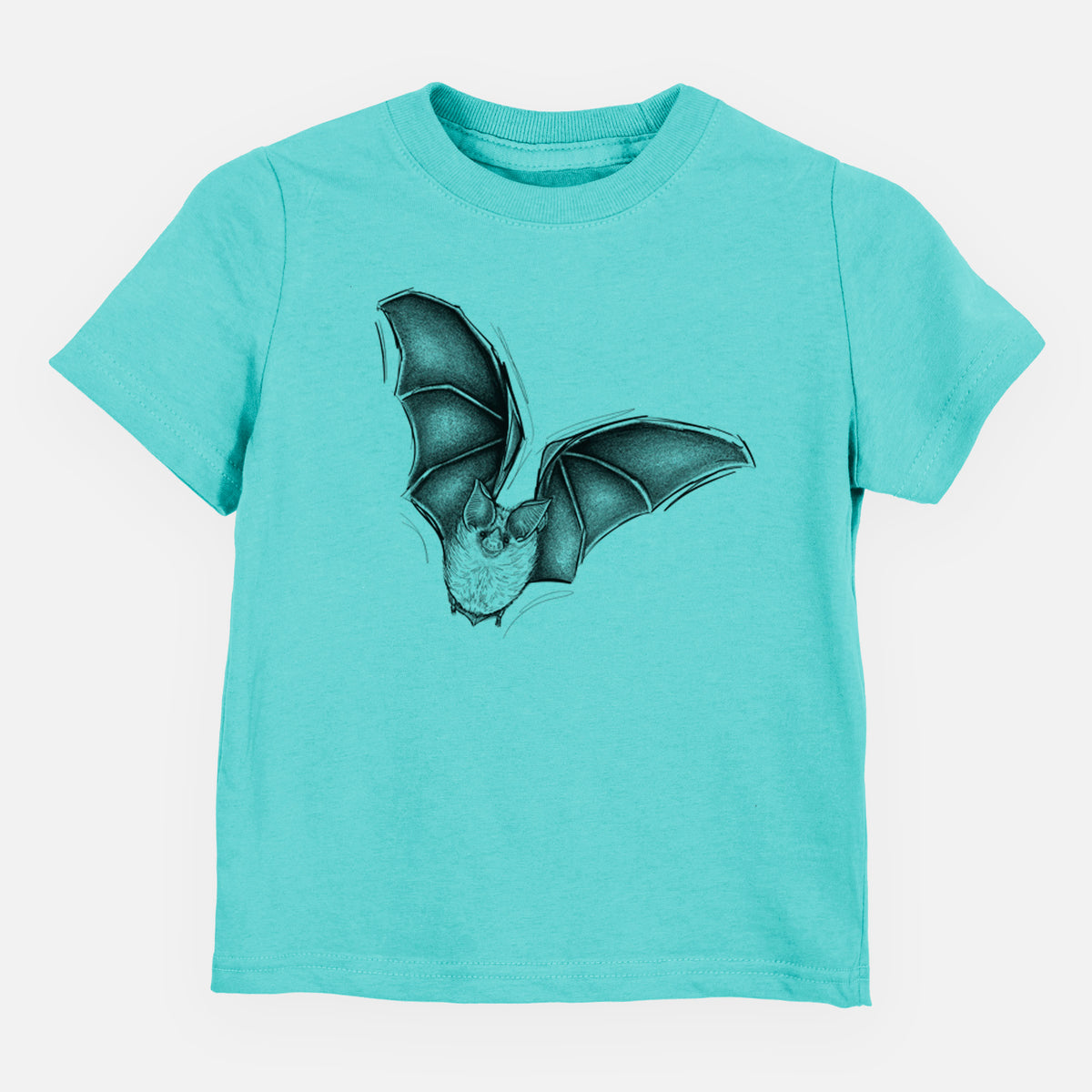Caribbean blue toddler t-shirt laid flat, printed with a detailed black ink illustration of a California leaf-nosed bat in flight.