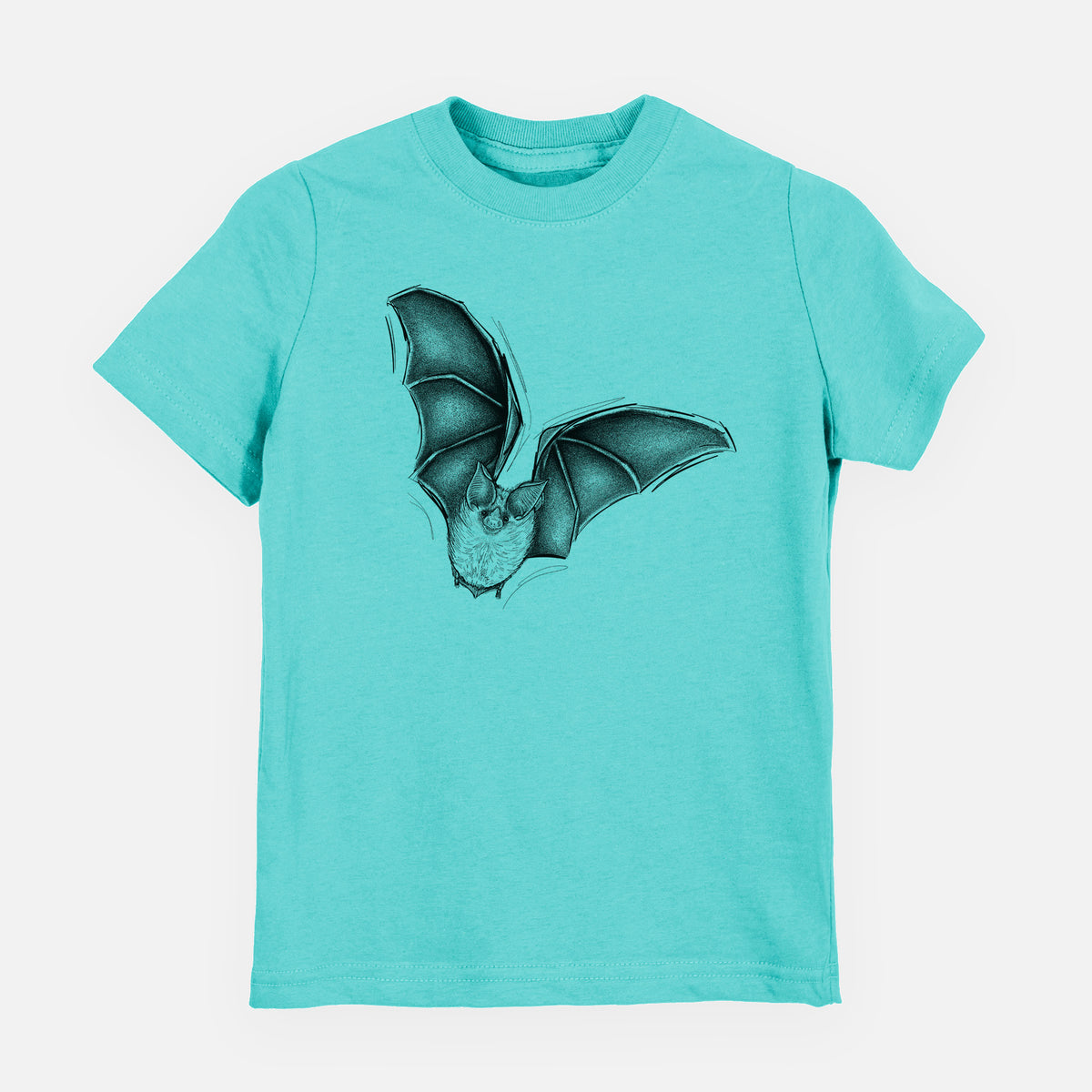 Caribbean blue youth t-shirt laid flat, printed with a detailed black ink illustration of a California leaf-nosed bat in flight.