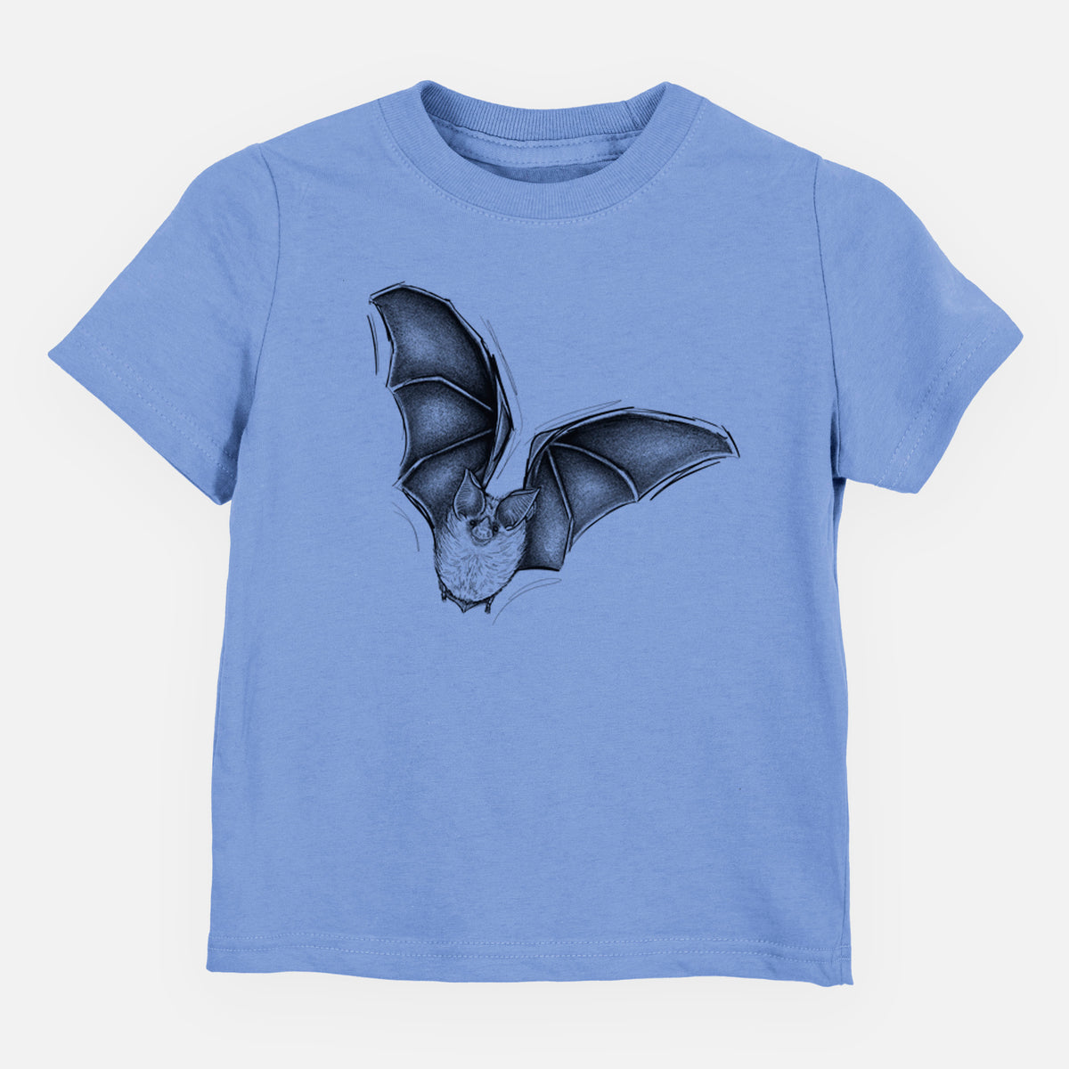 Carolina blue toddler t-shirt laid flat, printed with a detailed black ink illustration of a California leaf-nosed bat in flight.