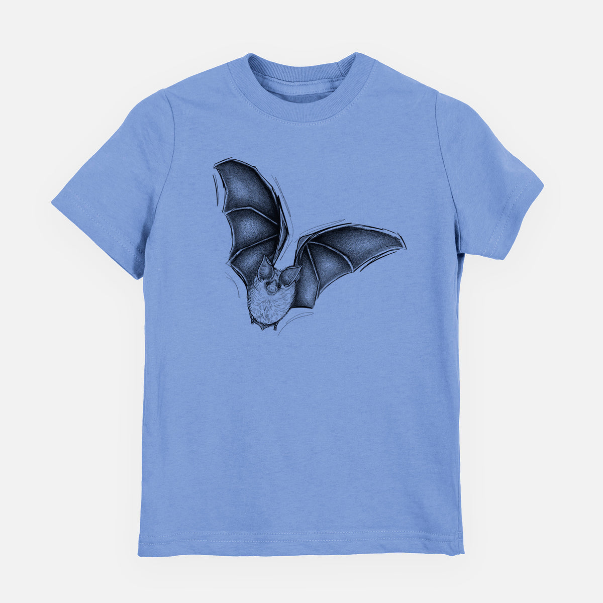 Carolina blue youth t-shirt laid flat, printed with a detailed black ink illustration of a California leaf-nosed bat in flight.