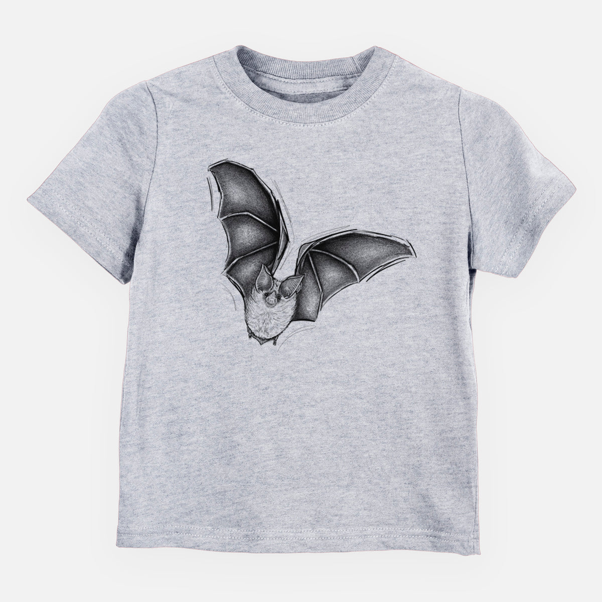 Heather grey toddler t-shirt laid flat, printed with a detailed black ink illustration of a California leaf-nosed bat in flight.