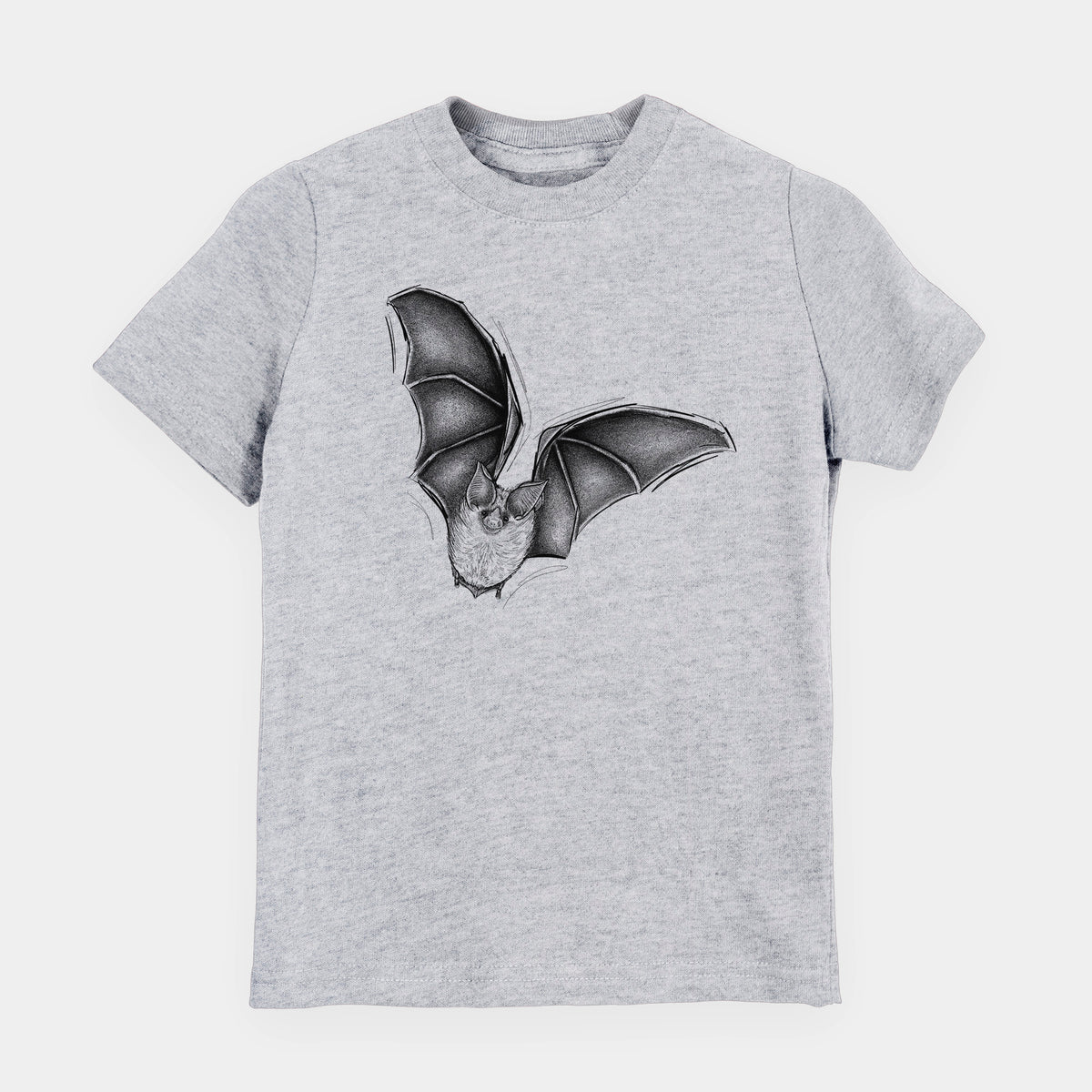 Heather grey youth t-shirt laid flat, printed with a detailed black ink illustration of a California leaf-nosed bat in flight.