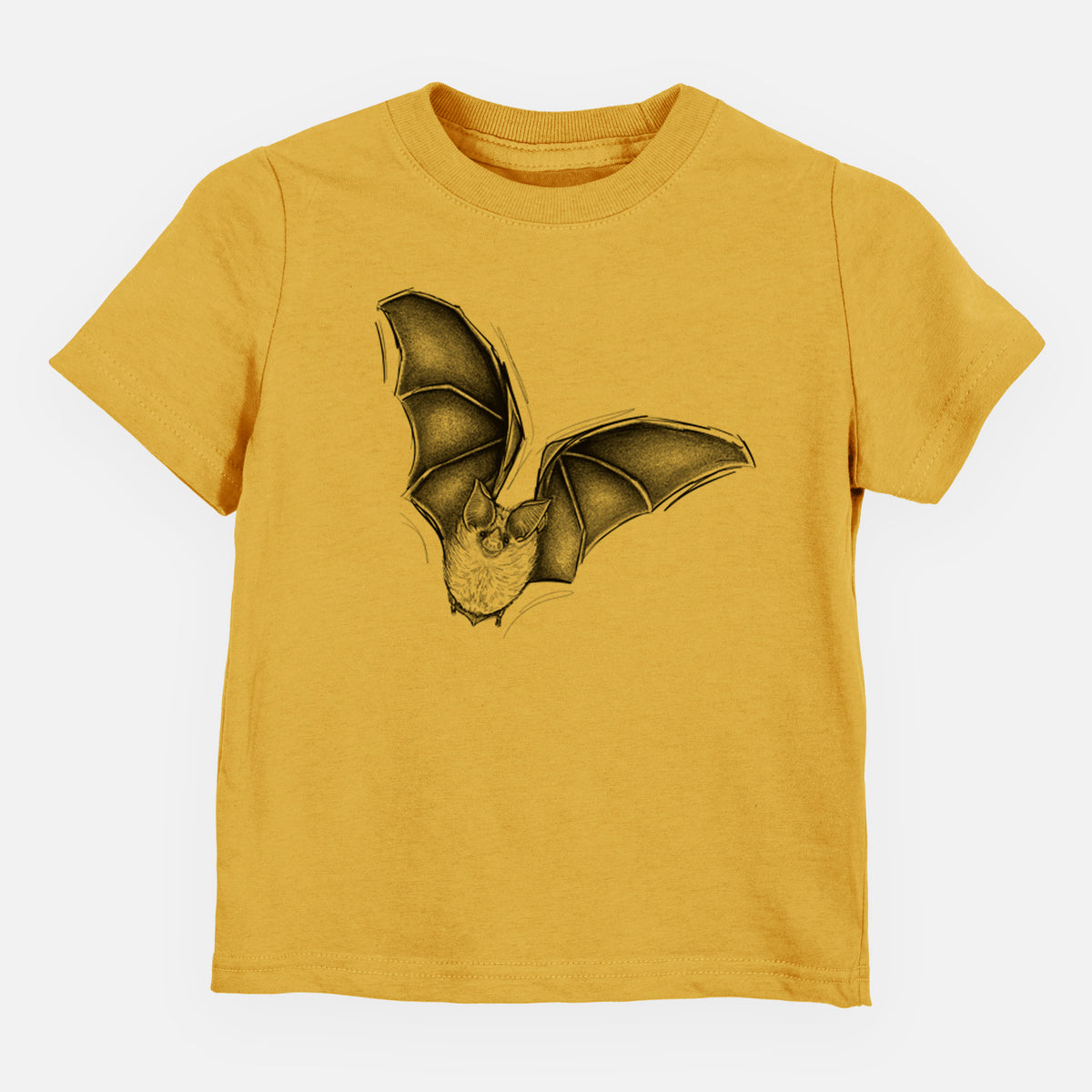 Honeycomb yellow toddler t-shirt laid flat, printed with a detailed black ink illustration of a California leaf-nosed bat in flight.