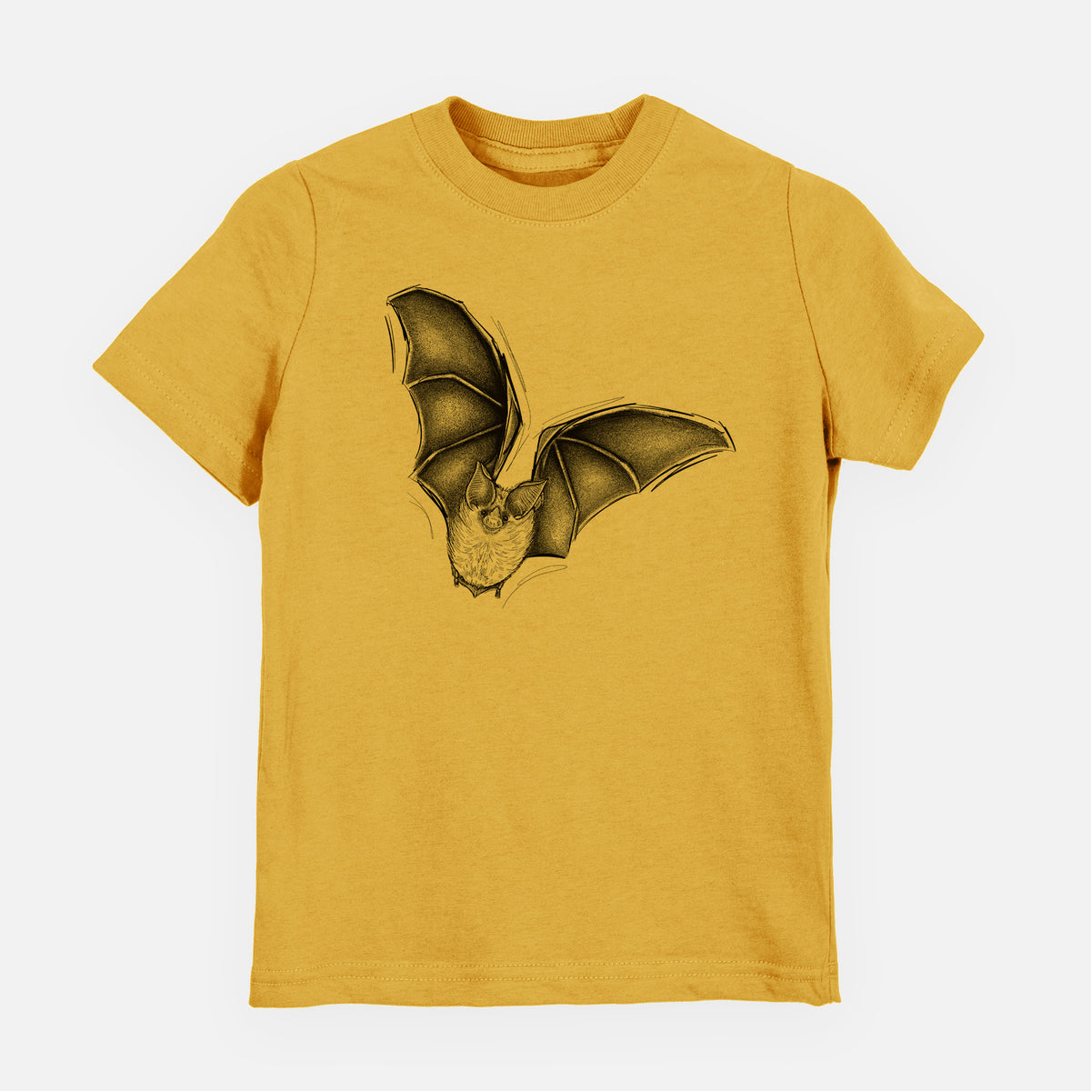Honeycomb yellow youth t-shirt laid flat, printed with a detailed black ink illustration of a California leaf-nosed bat in flight.