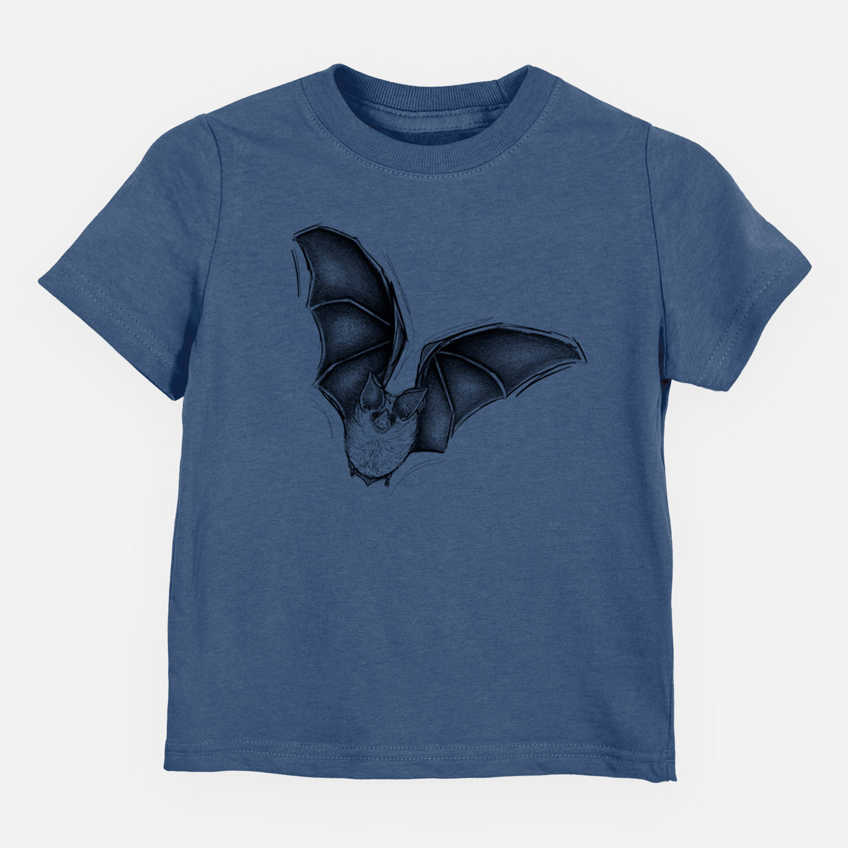 Indigo blue toddler t-shirt laid flat, printed with a detailed black ink illustration of a California leaf-nosed bat in flight.